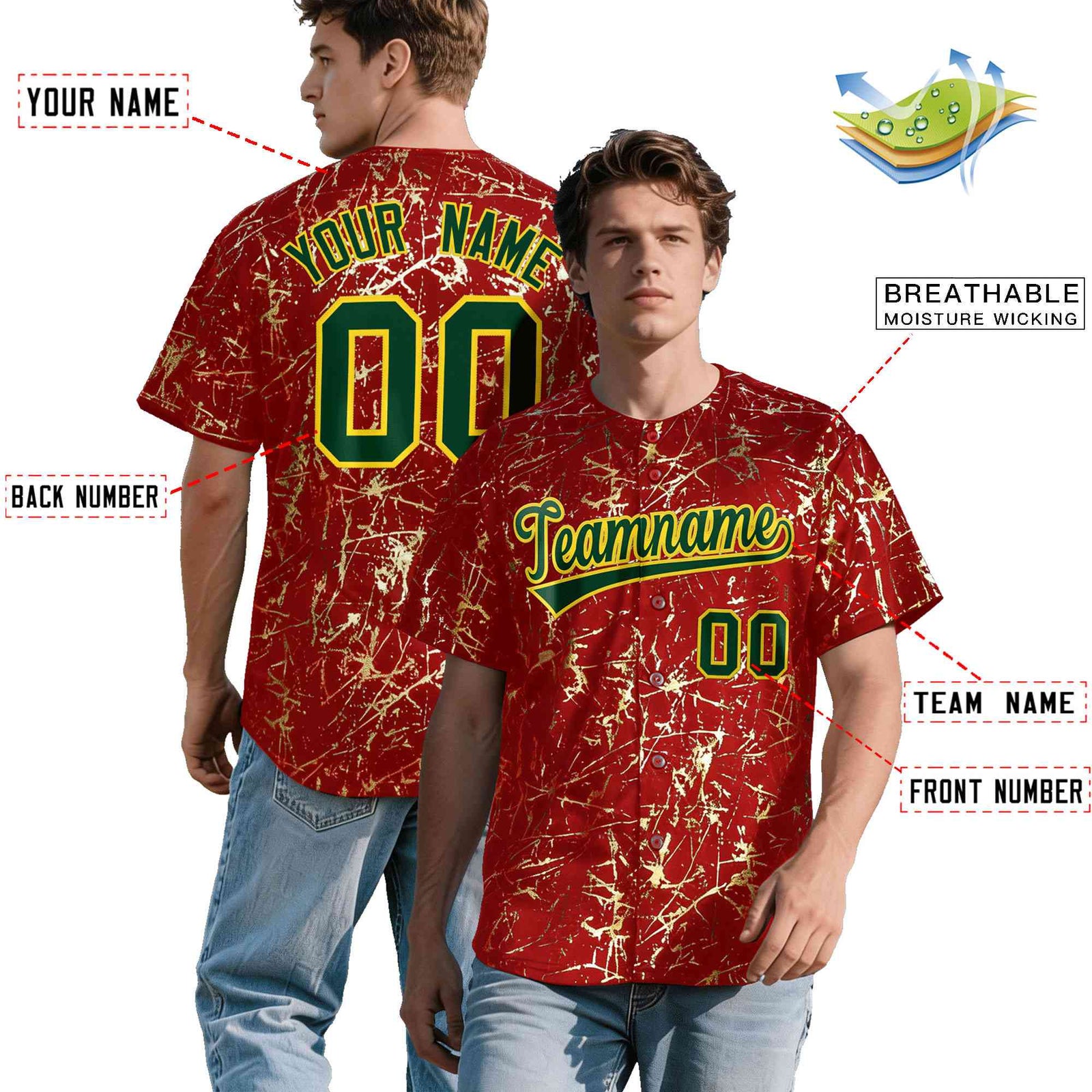 Custom Red Dark Green Metallic Gold Splatter Urban Streetwear Baseball Jersey| KXKSHOP
