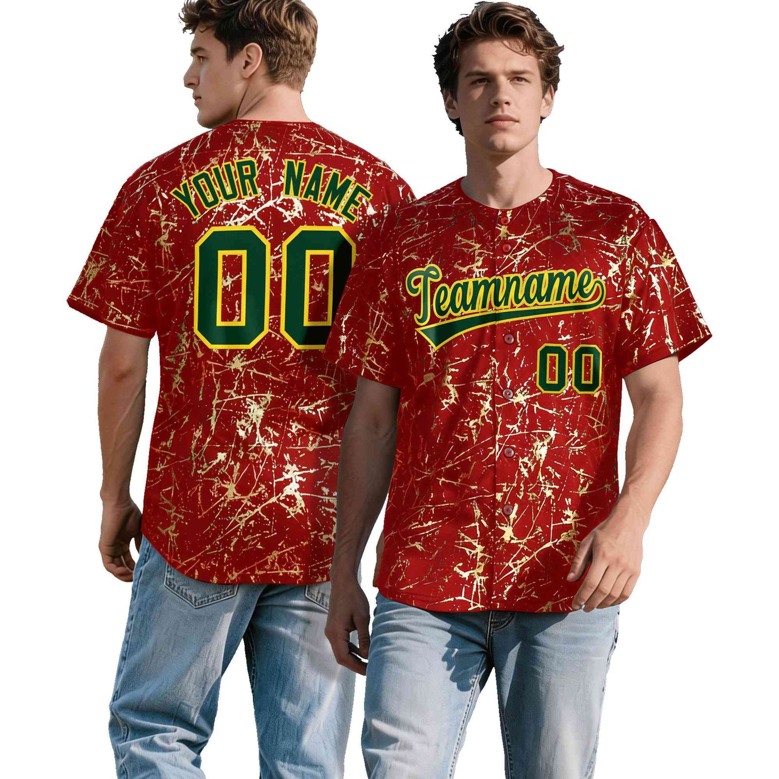 Custom Red Dark Green Metallic Gold Splatter Urban Streetwear Baseball Jersey| KXKSHOP