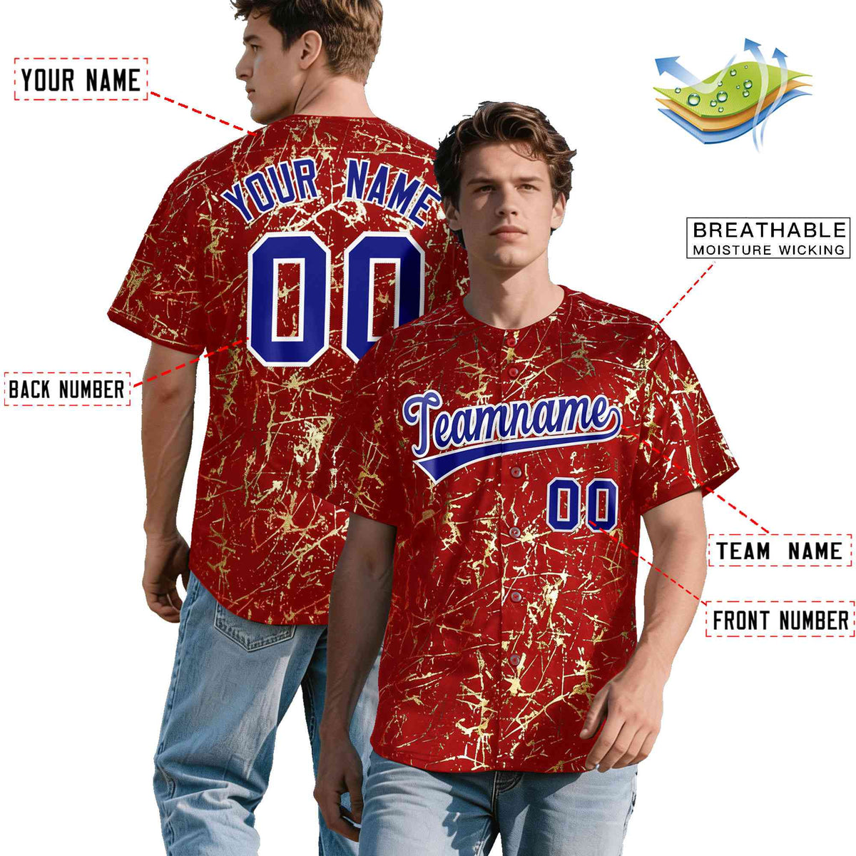 Custom Red Royal Shiny Gold Cracked Texture Baseball Jersey| KXKSHOP
