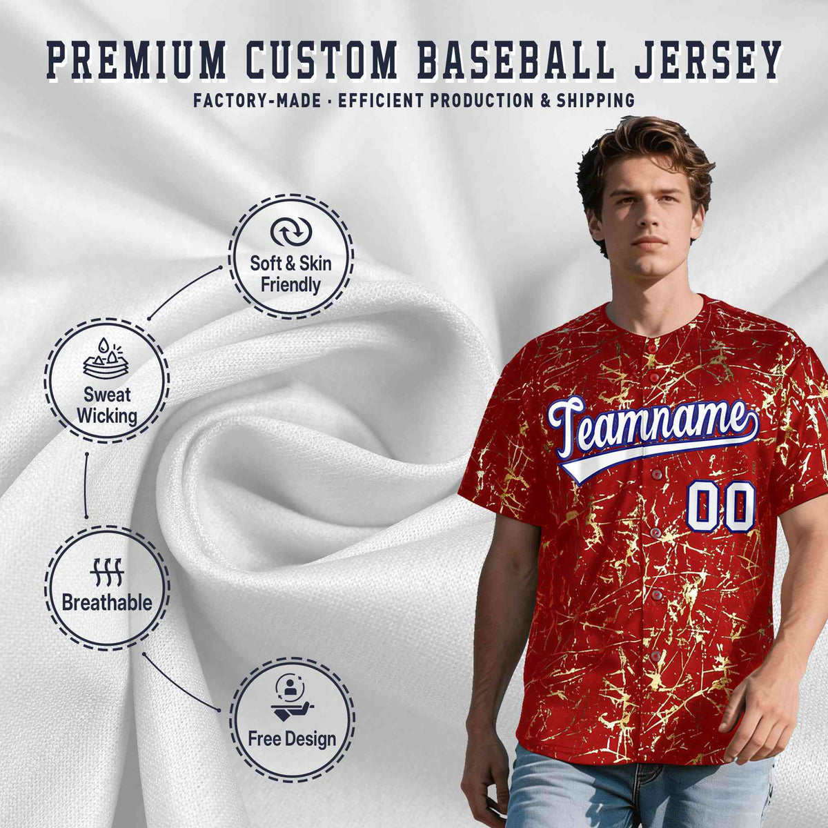 Custom Red White Black&Shiny Gold Cracked Foil Hip Hop Button Down Baseball Jersey| KXKSHOP