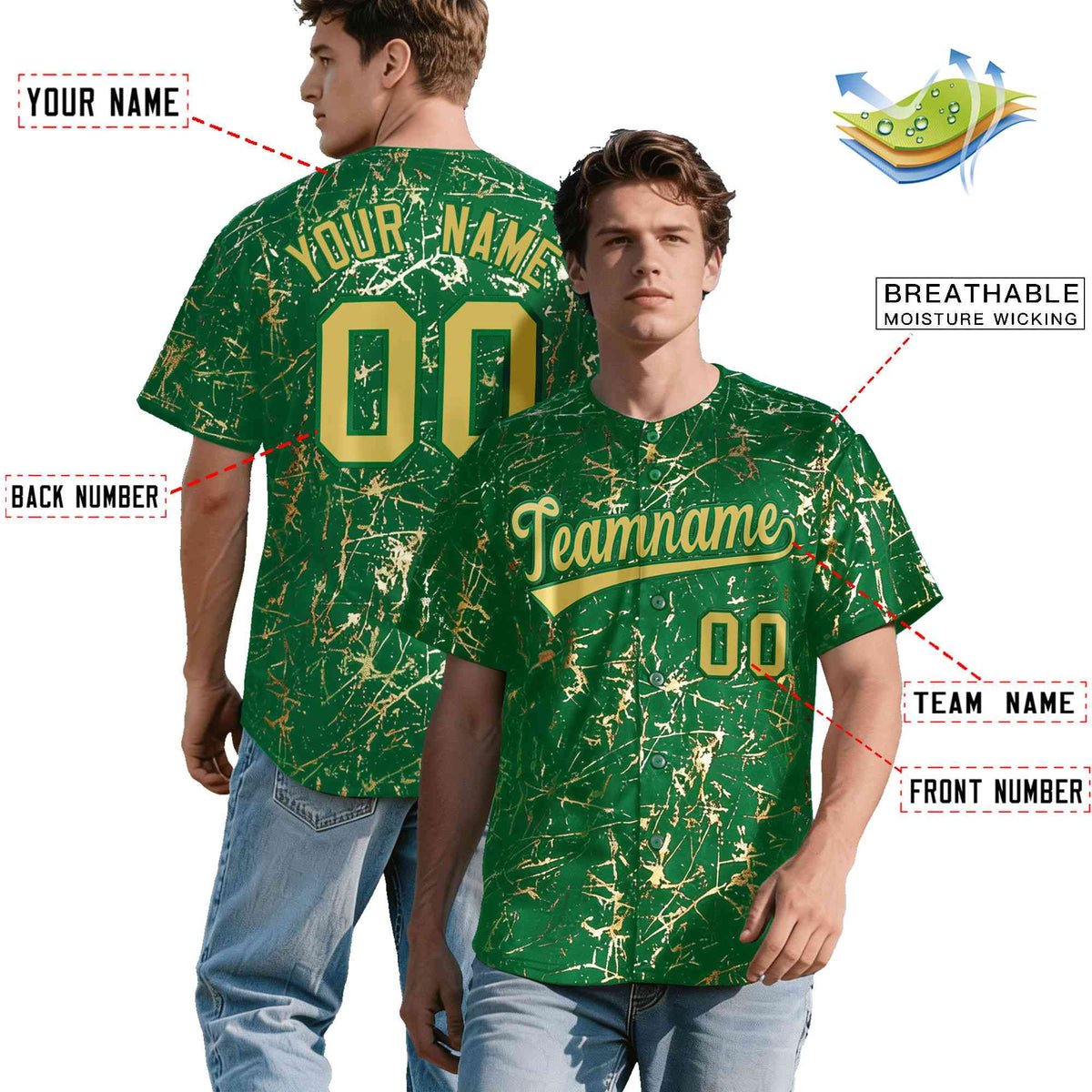 Custom Kelly Green Old Gold Black&Shiny Gold Cracked Foil Hip Hop Button Down Baseball Jersey| KXKSHOP