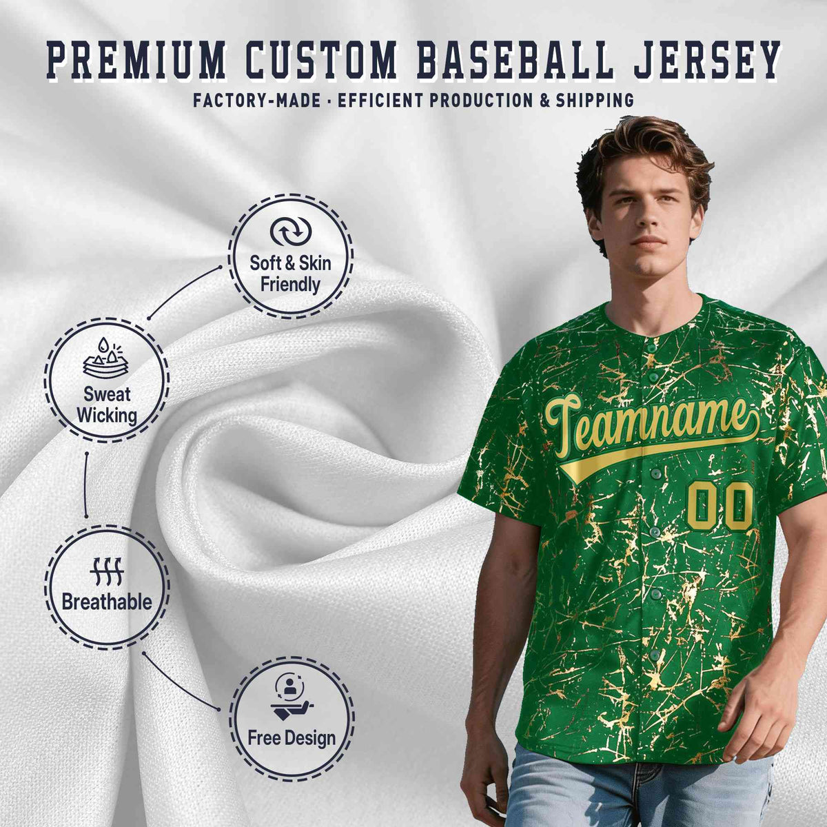 Custom Kelly Green Old Gold Black&Shiny Gold Cracked Foil Hip Hop Button Down Baseball Jersey| KXKSHOP