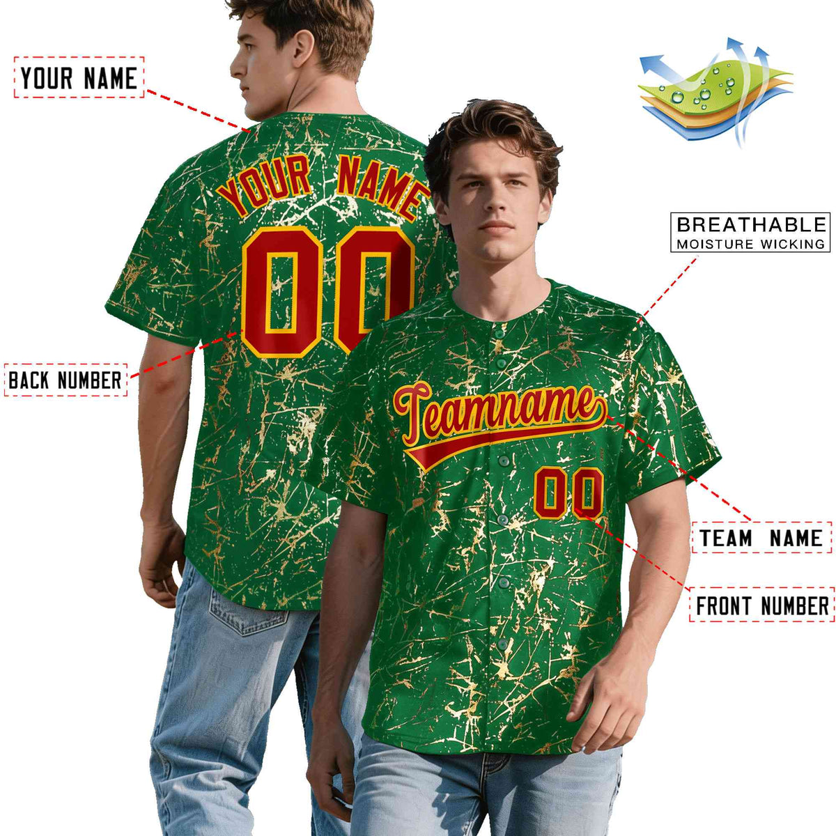 Custom Kelly Green Red Metallic Gold Splatter Breathable&Wrinkle-Resistant Baseball Jersey| KXKSHOP