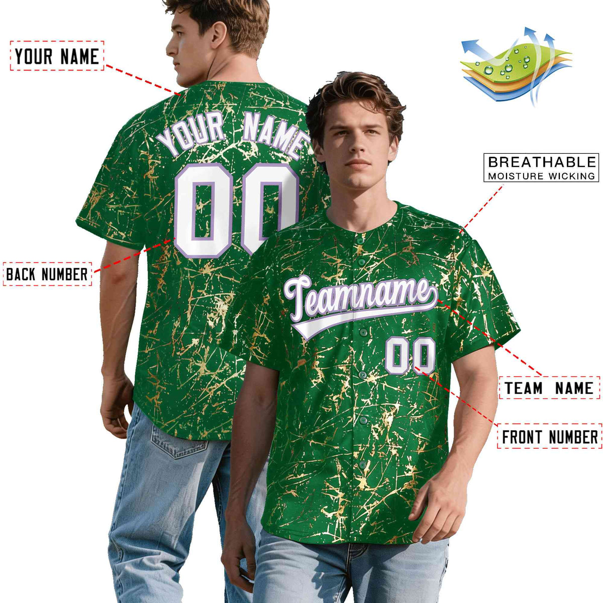 Custom Kelly Green White Black&Shiny Gold Cracked Foil Breathable Mesh Streetwear Baseball Jersey| KXKSHOP