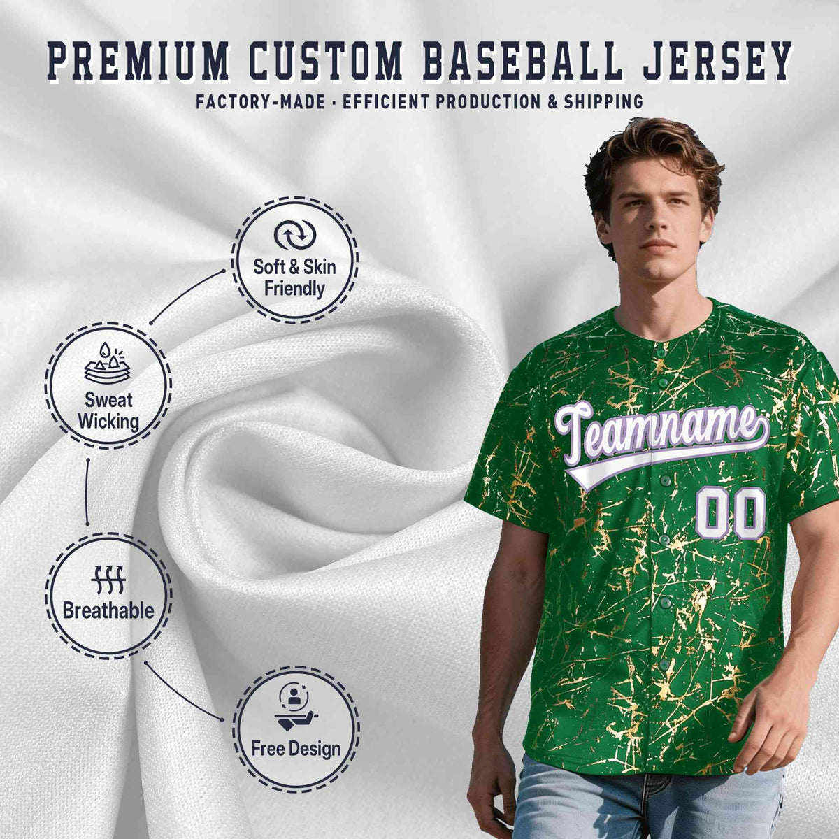 Custom Kelly Green White Black&Shiny Gold Cracked Foil Breathable Mesh Streetwear Baseball Jersey| KXKSHOP