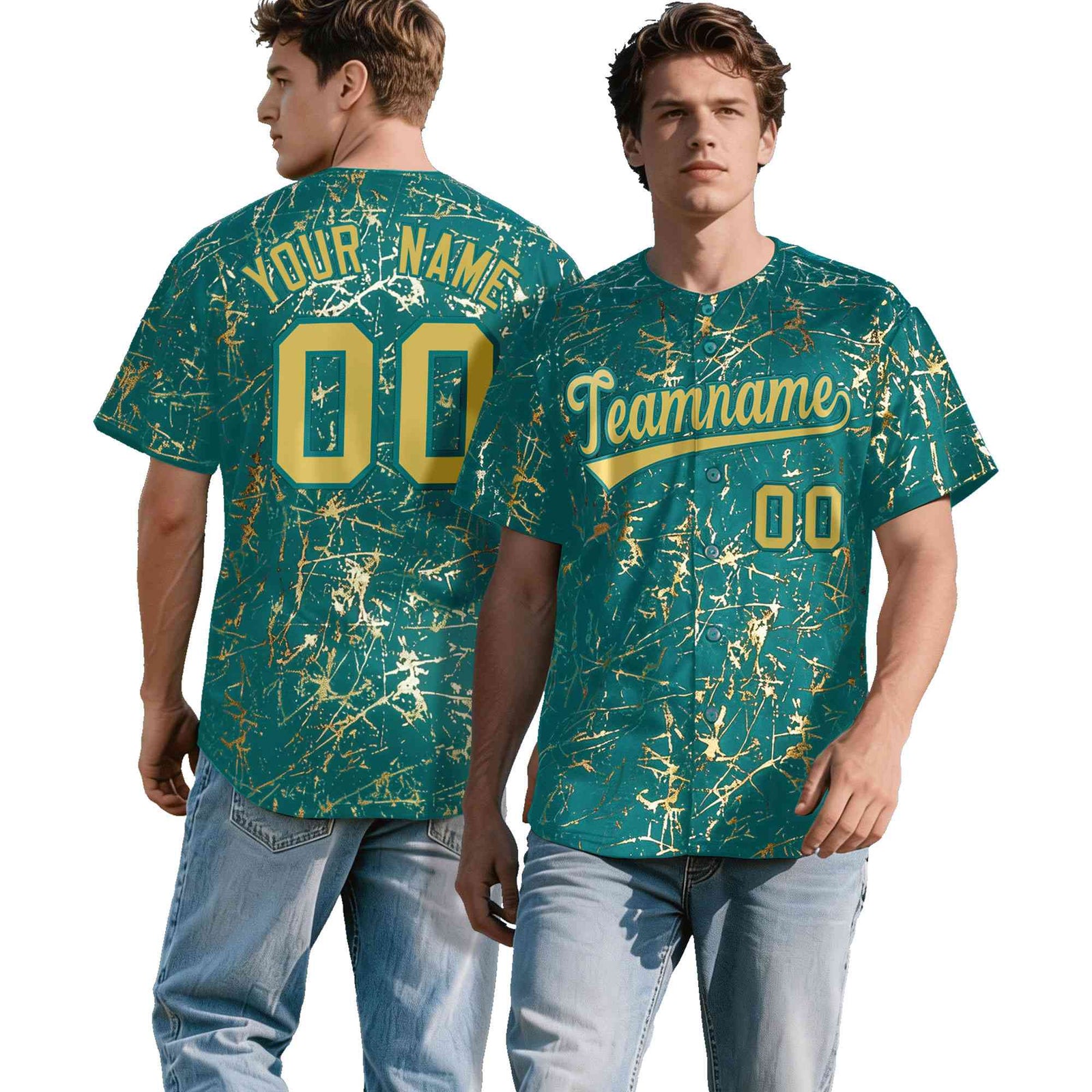 Custom Teal Old Gold Black&Shiny Gold Cracked Foil Hip Hop Button Down Baseball Jersey| KXKSHOP