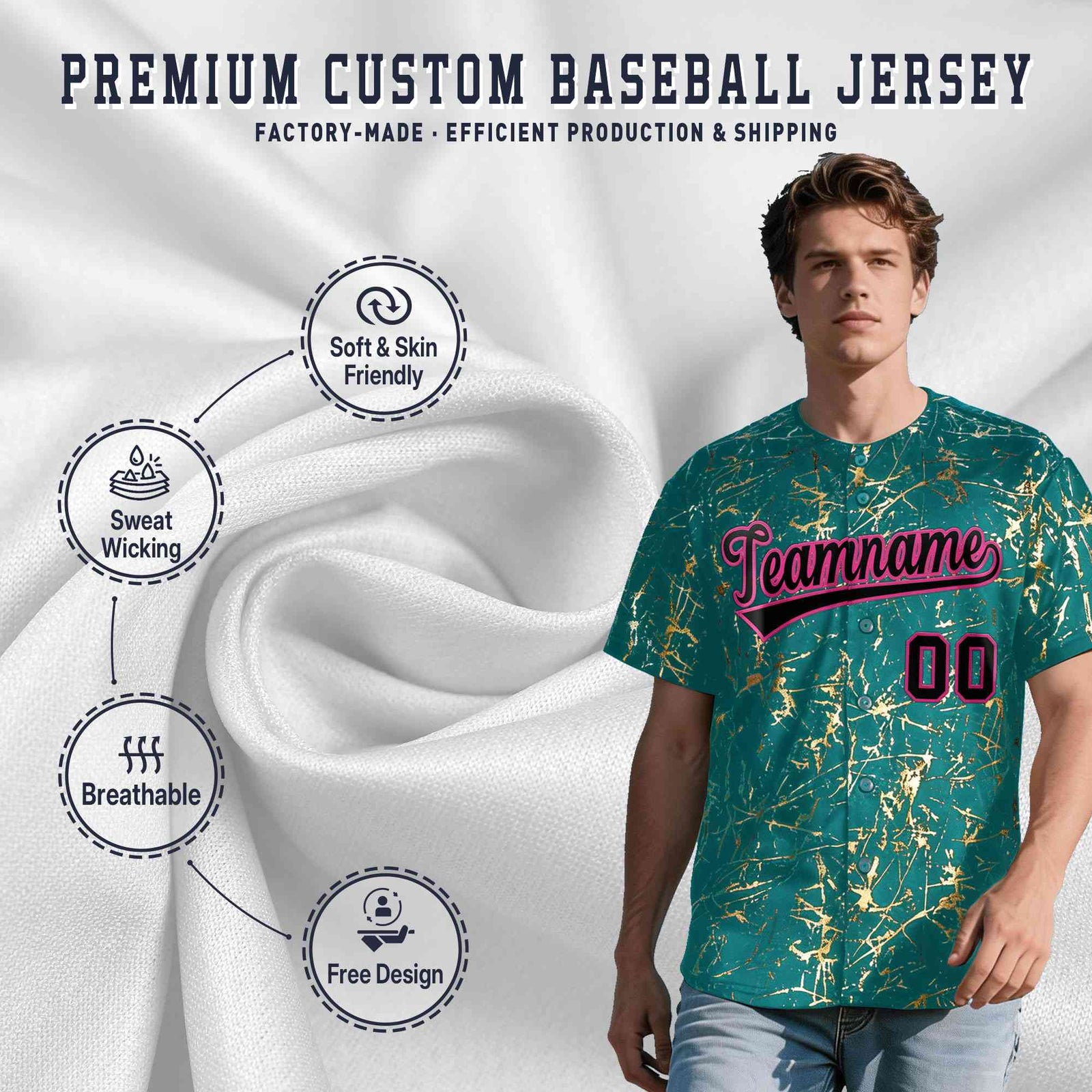 Custom Teal Black Metallic Gold Splatter Breathable&Wrinkle-Resistant Baseball Jersey| KXKSHOP