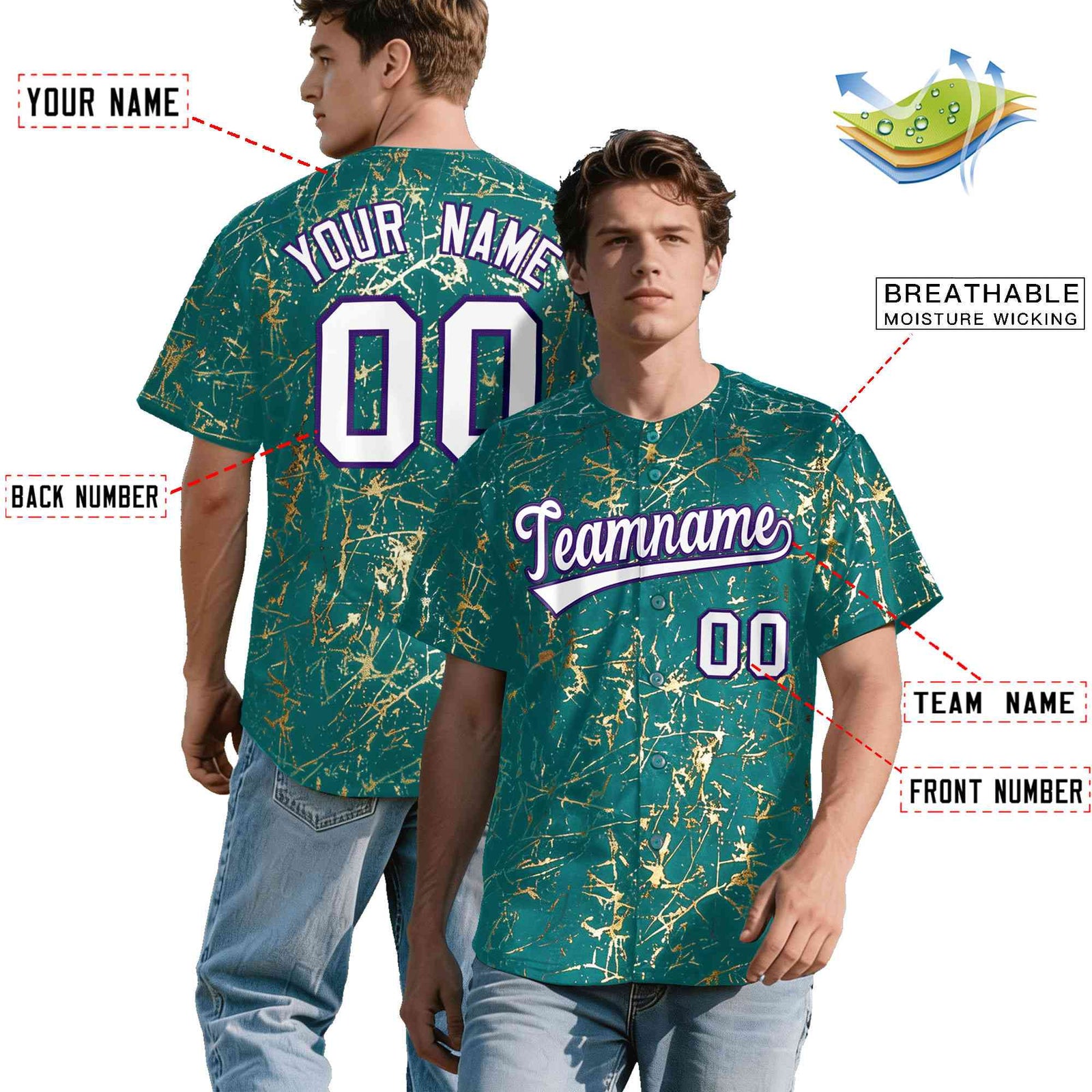 Custom Teal White Black&Shiny Gold Cracked Foil Breathable Mesh Streetwear Baseball Jersey| KXKSHOP