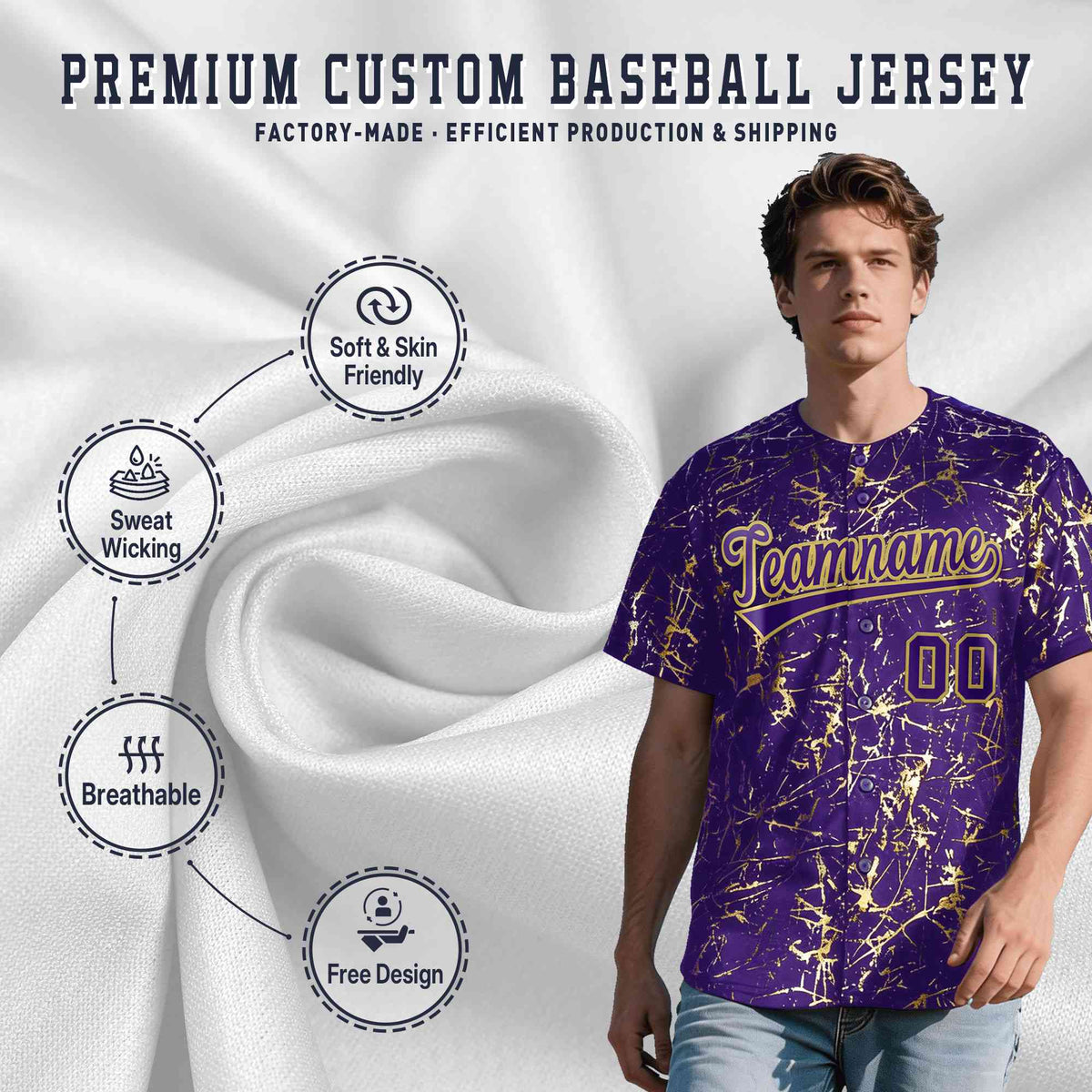 Custom Purple Old Gold Shiny Gold Cracked Texture Baseball Jersey| KXKSHOP