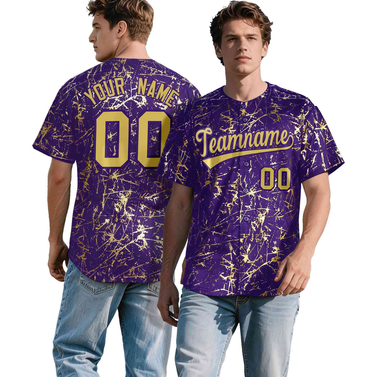 Custom Purple Old Gold Black&Shiny Gold Cracked Foil Hip Hop Button Down Baseball Jersey| KXKSHOP