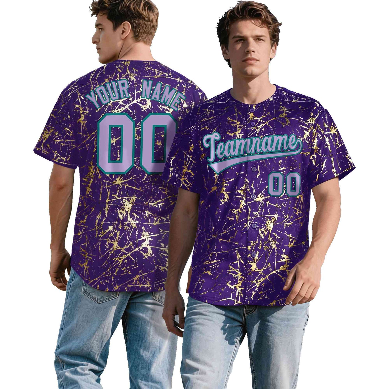 Custom Purple Light Purple Metallic Gold Splatter Breathable&Wrinkle-Resistant Baseball Jersey| KXKSHOP