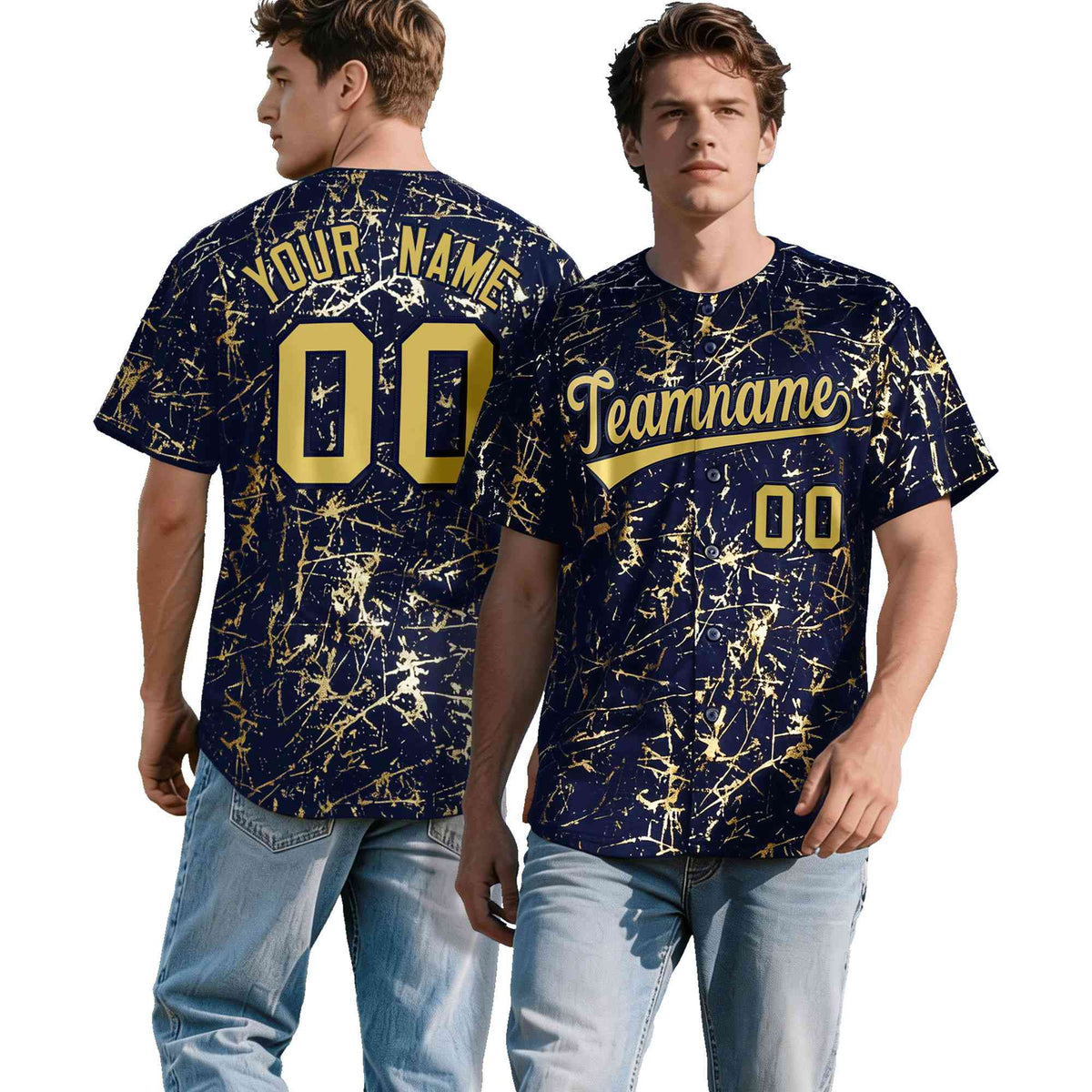 Custom Navy Old Gold Black&Shiny Gold Cracked Foil Hip Hop Button Down Baseball Jersey| KXKSHOP