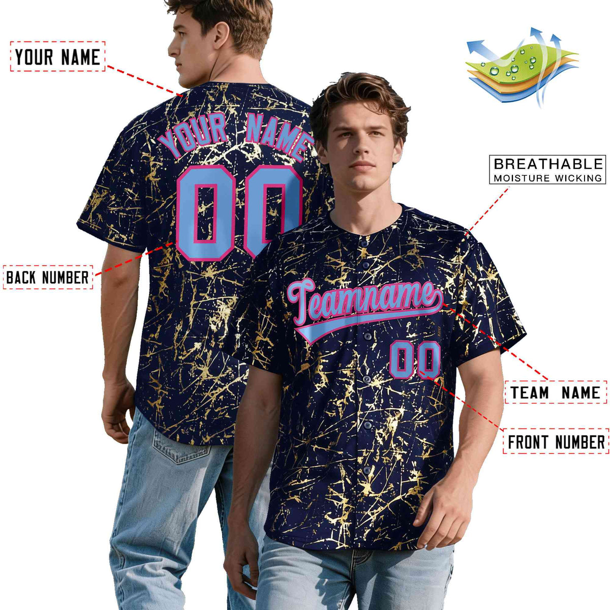 Custom Navy Powder Blue Black&Gold Marble Print Clubwear Party Streetwear Baseball Jersey| KXKSHOP