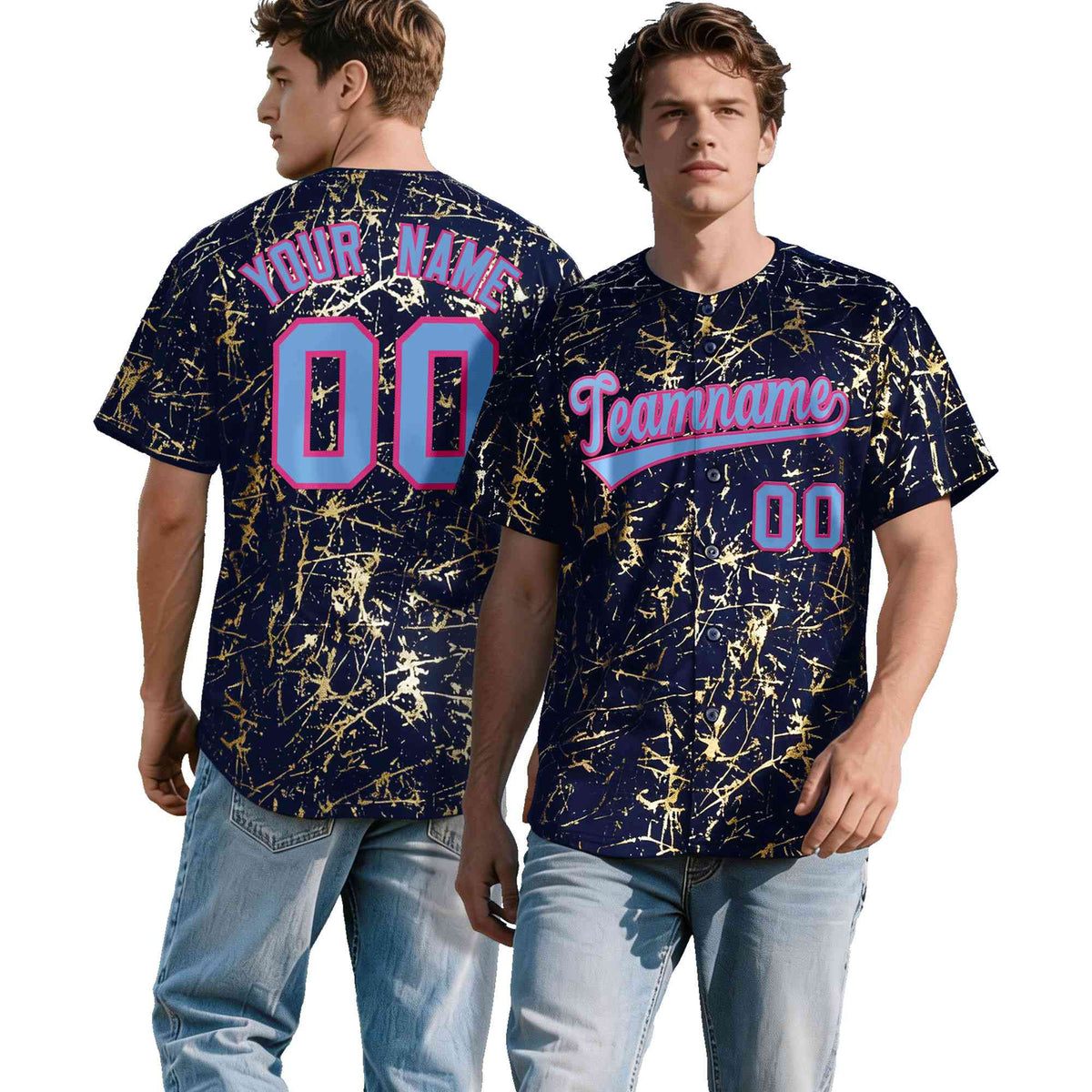 Custom Navy Powder Blue Black&Gold Marble Print Clubwear Party Streetwear Baseball Jersey| KXKSHOP