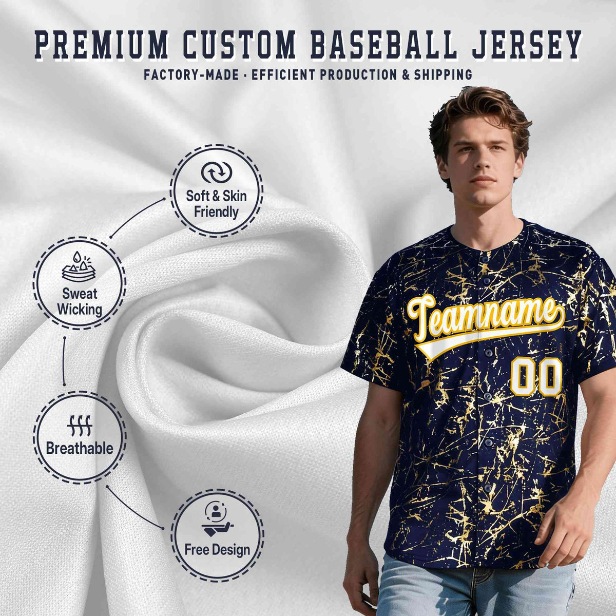 Custom Navy White Black&Shiny Gold Cracked Foil Breathable Mesh Streetwear Baseball Jersey| KXKSHOP