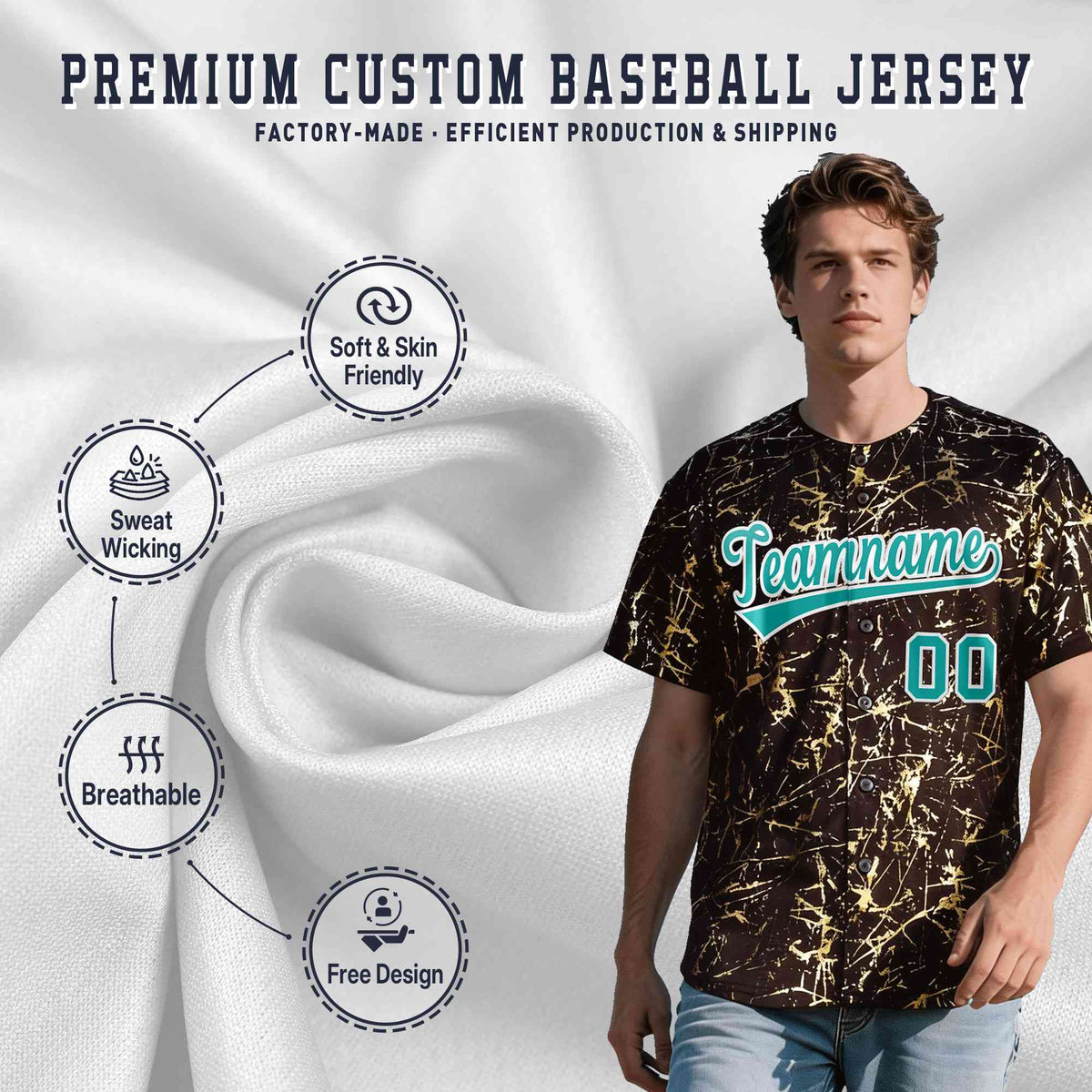 Custom Brown Aqua Metallic Gold Splatter Urban Streetwear Baseball Jersey| KXKSHOP