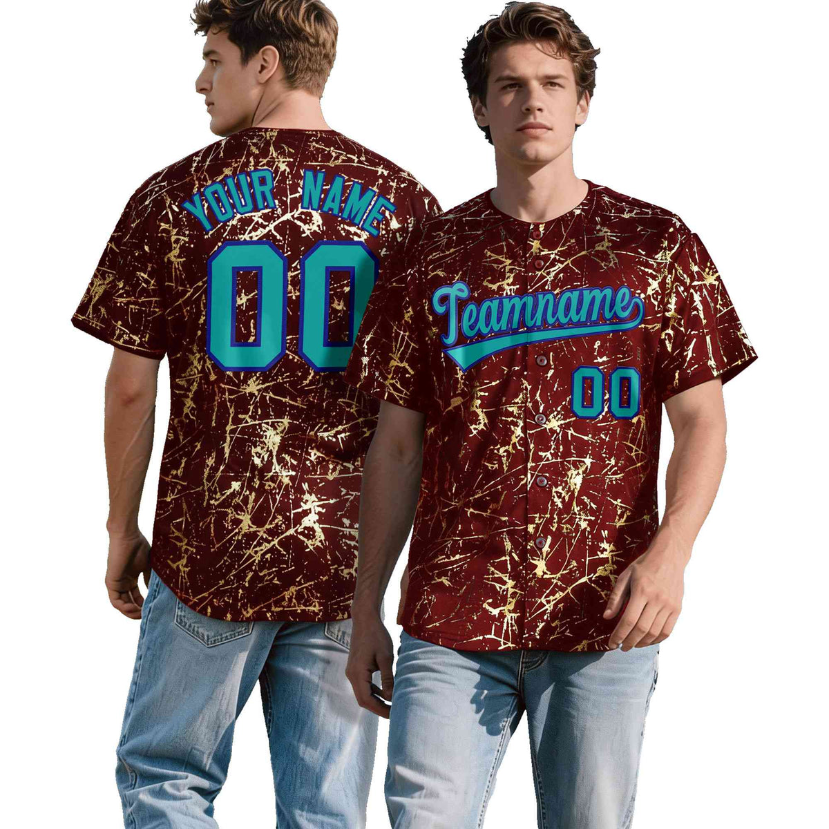 Custom Crimson Aqua Black&Gold Marble Print Clubwear Party Streetwear Baseball Jersey| KXKSHOP