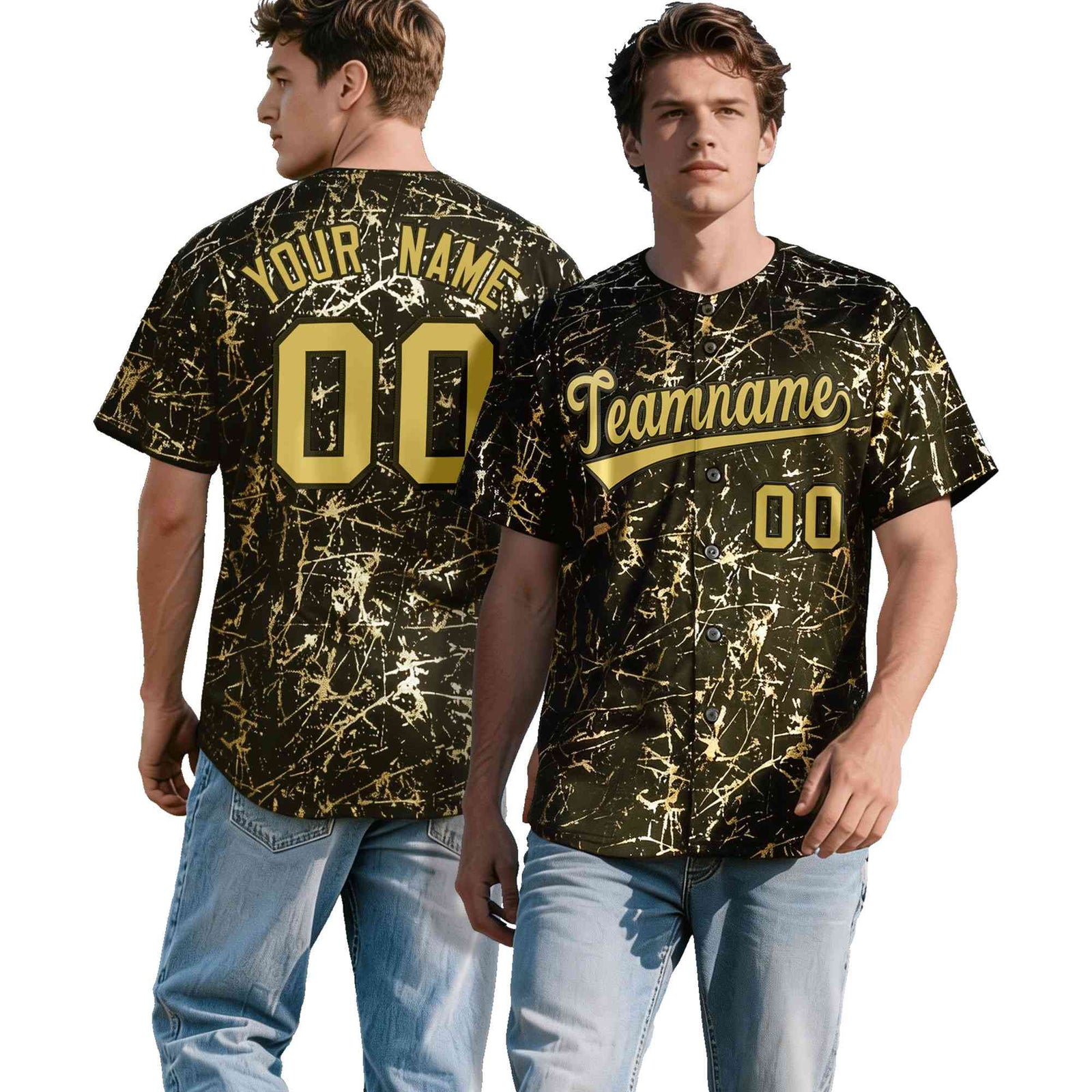 Custom Olive Old Gold Black&Shiny Gold Cracked Foil Hip Hop Button Down Baseball Jersey| KXKSHOP