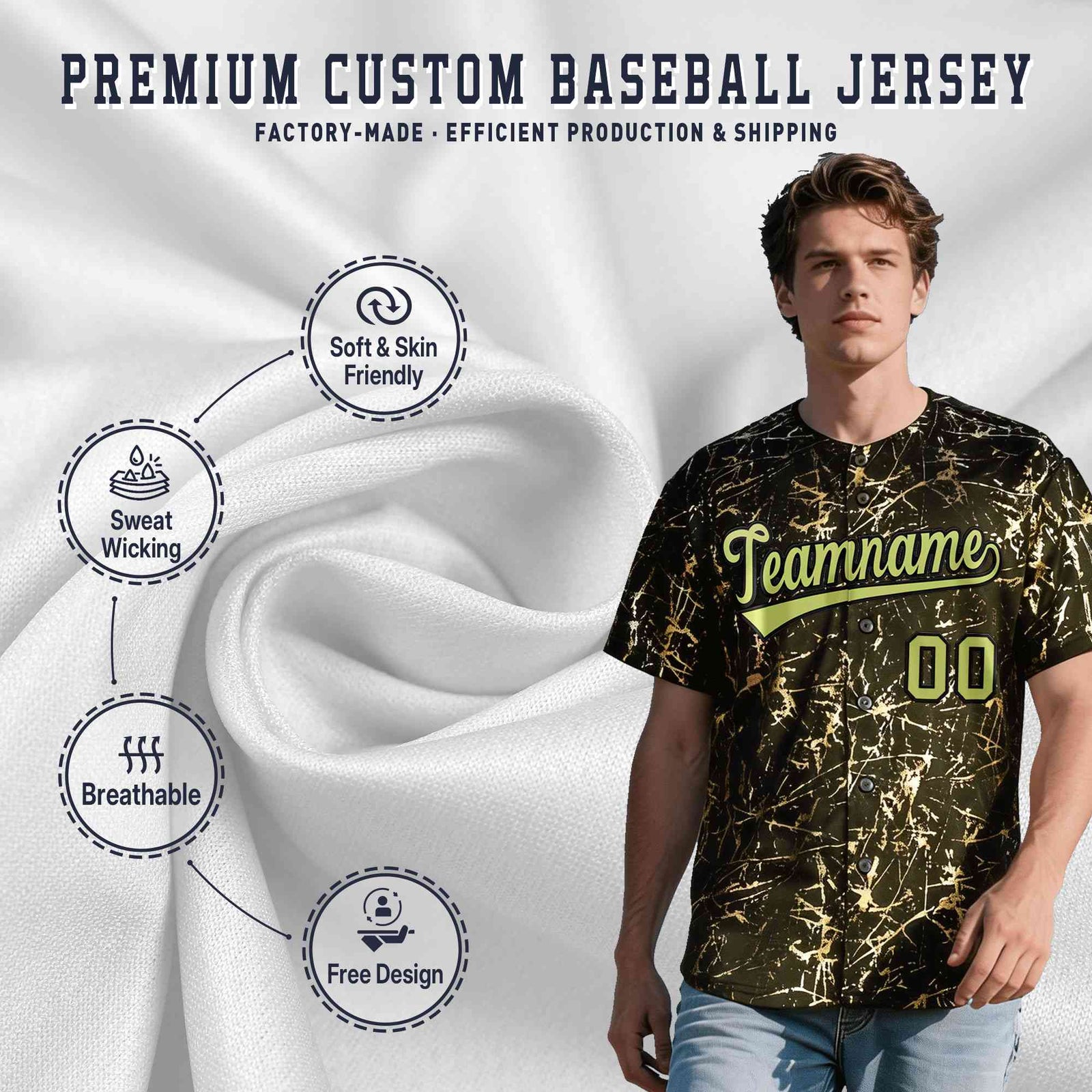 Custom Olive Champagne Black&Gold Marble Print Clubwear Party Streetwear Baseball Jersey| KXKSHOP