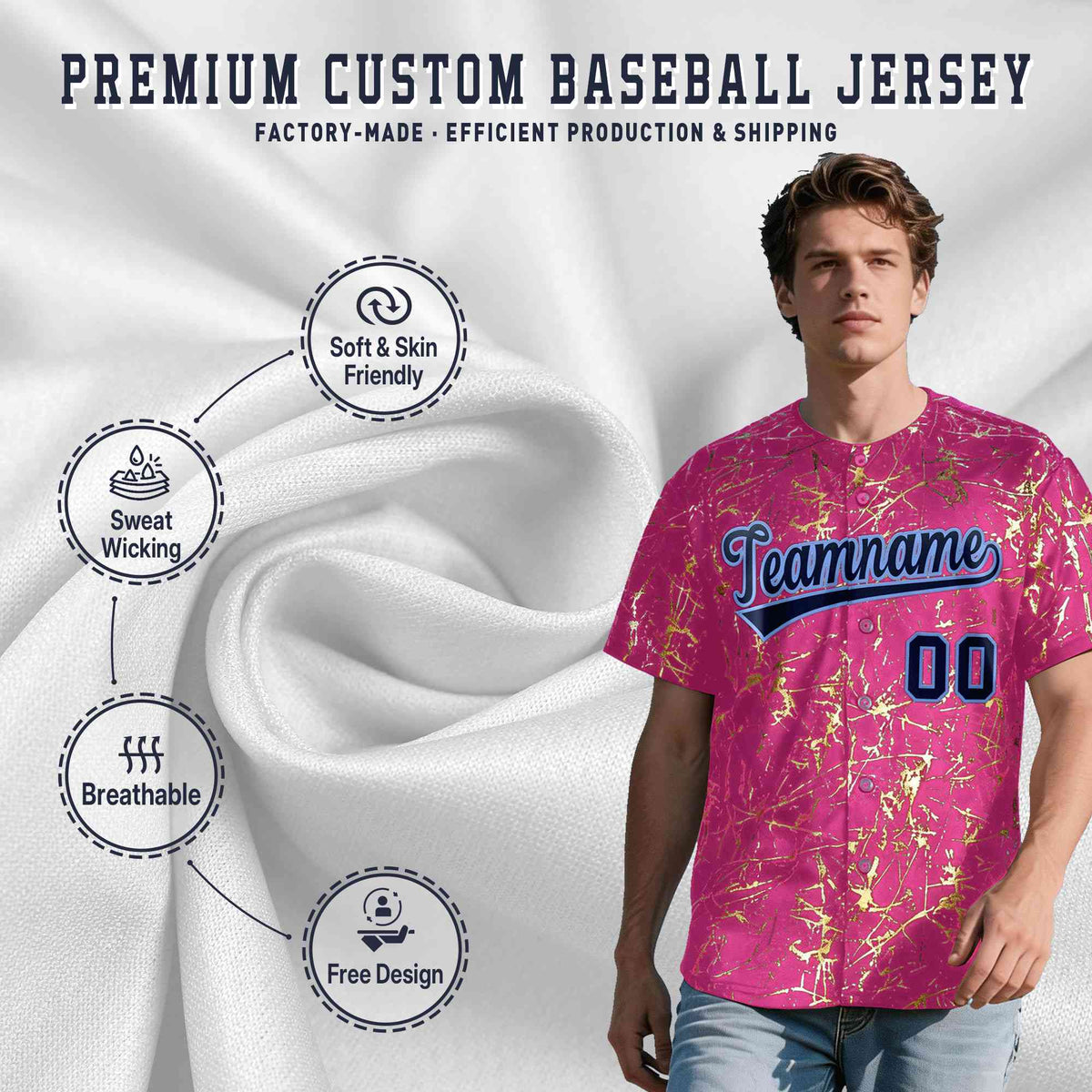 Custom Pink Navy Metallic Gold Splatter Breathable&Wrinkle-Resistant Baseball Jersey| KXKSHOP