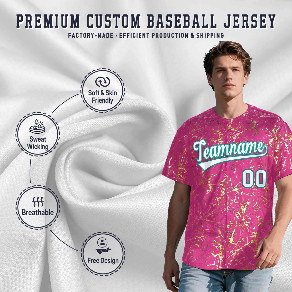 Custom Pink White Black&Shiny Gold Cracked Foil Breathable Mesh Streetwear Baseball Jersey| KXKSHOP