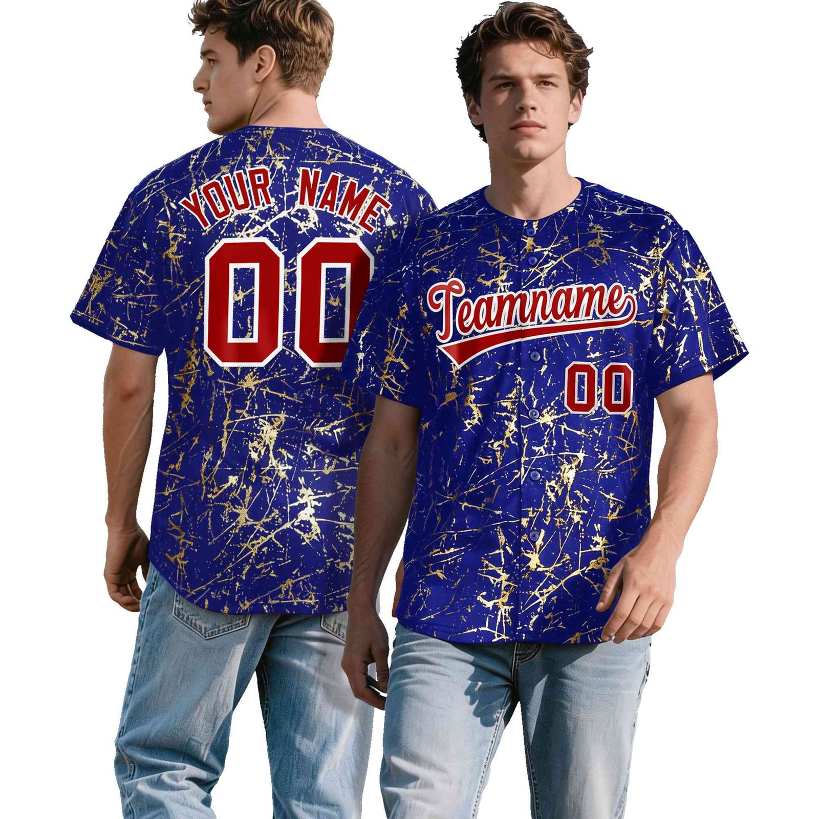 Custom Royal Red Metallic Gold Splatter Breathable&Wrinkle-Resistant Baseball Jersey| KXKSHOP