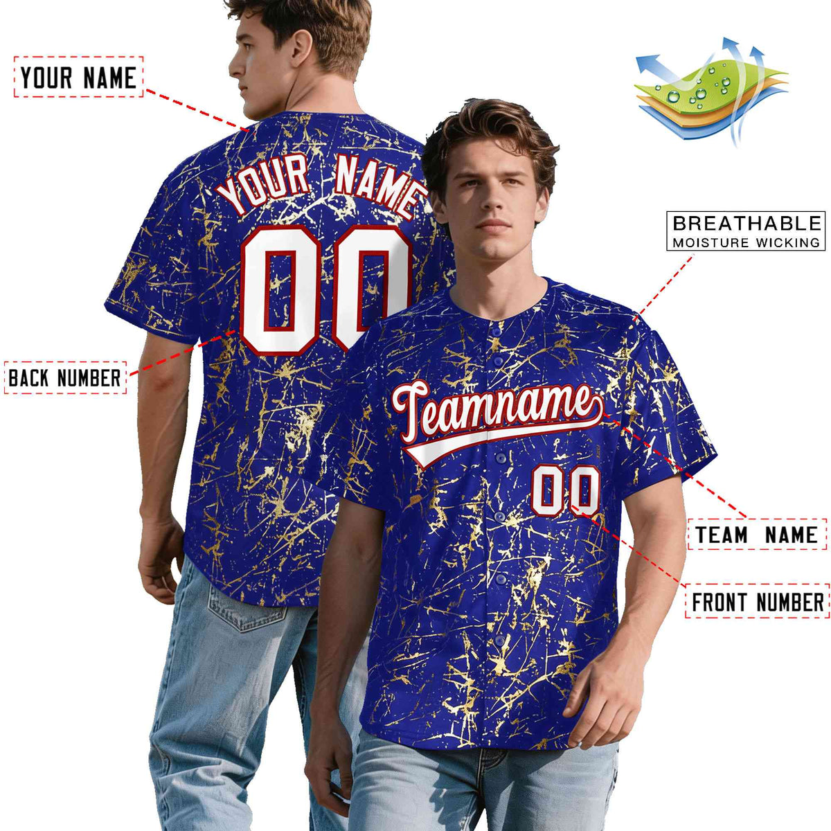 Custom Royal White Black&Gold Marble Print Clubwear Party Streetwear Baseball Jersey| KXKSHOP
