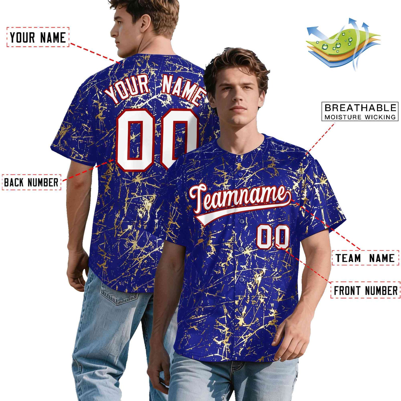 Custom Royal White Black&Gold Marble Print Clubwear Party Streetwear Baseball Jersey| KXKSHOP