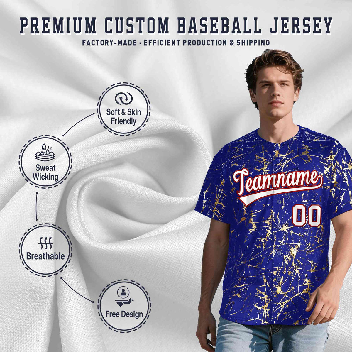 Custom Royal White Black&Gold Marble Print Clubwear Party Streetwear Baseball Jersey| KXKSHOP