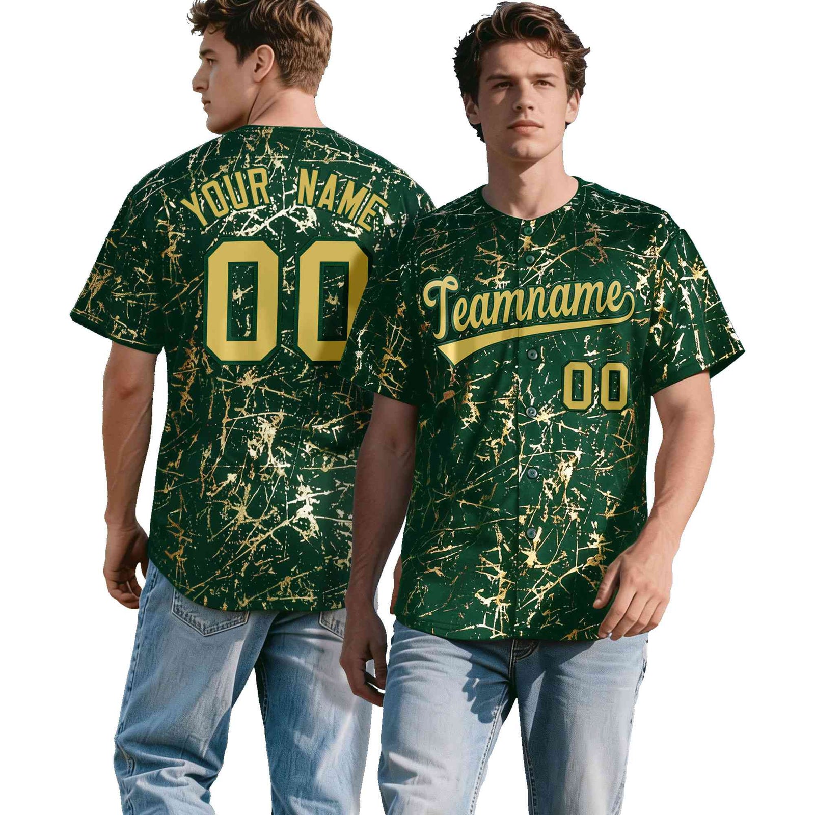 Custom Green Old Gold Black&Shiny Gold Cracked Foil Hip Hop Button Down Baseball Jersey| KXKSHOP