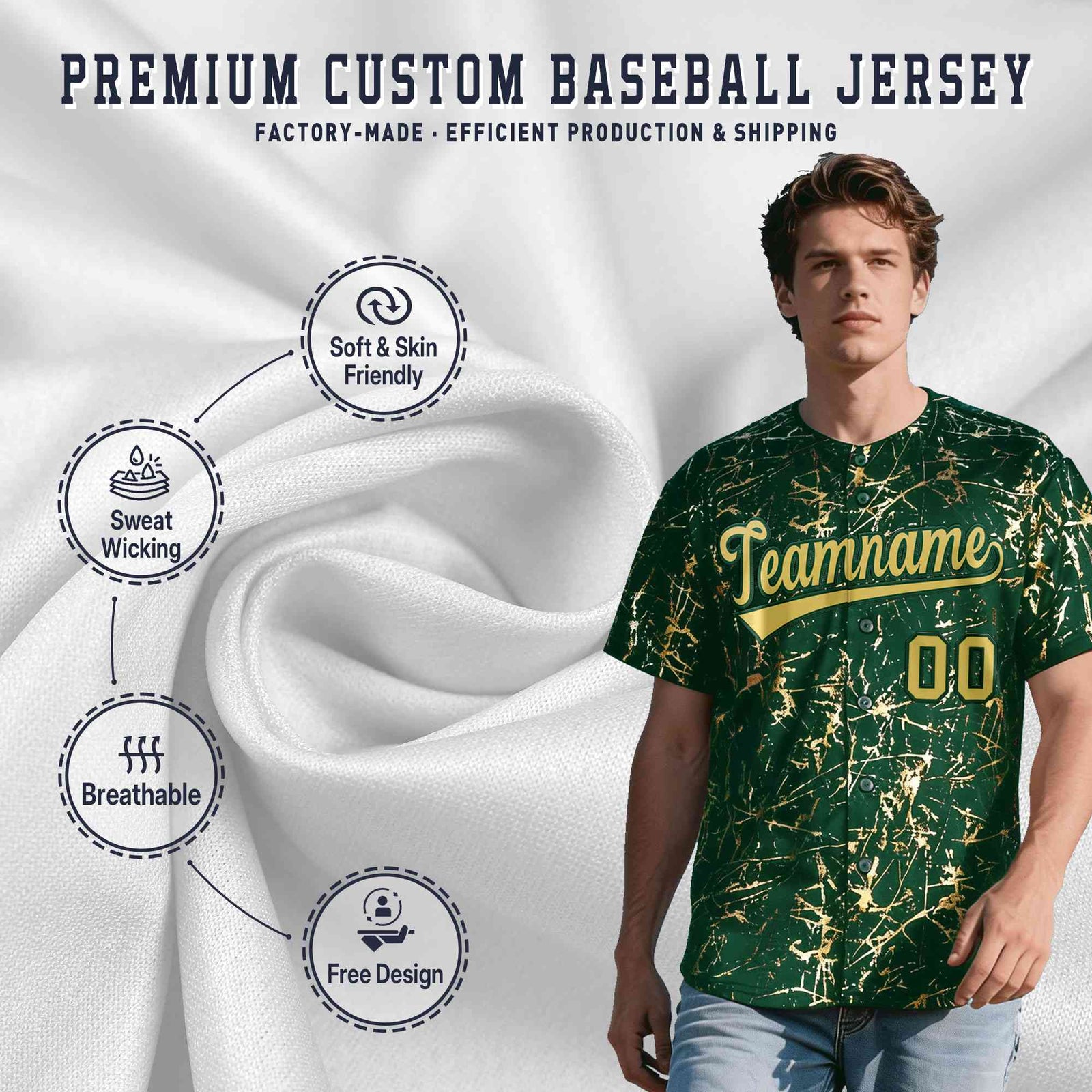 Custom Green Old Gold Black&Shiny Gold Cracked Foil Hip Hop Button Down Baseball Jersey| KXKSHOP