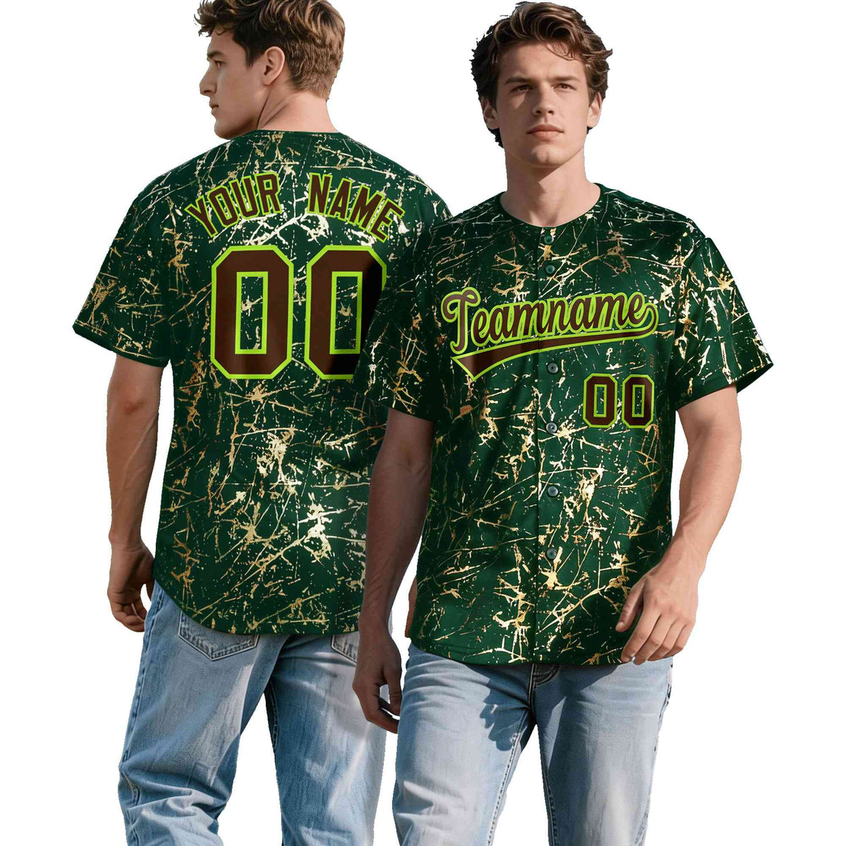 Custom Green Brown Metallic Gold Splatter Breathable&Wrinkle-Resistant Baseball Jersey| KXKSHOP