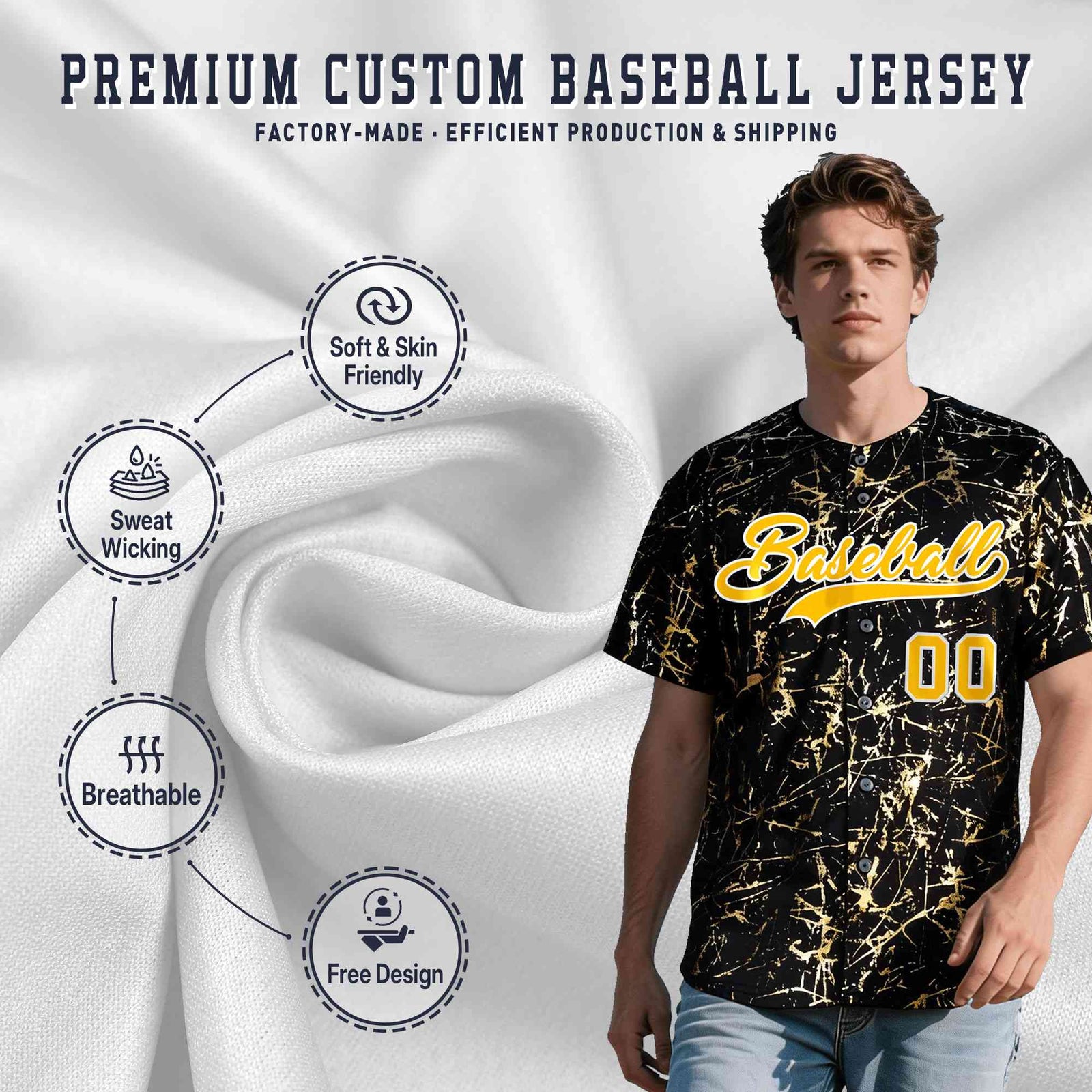 Custom Black Yellow Shiny Gold Cracked Texture Baseball Jersey