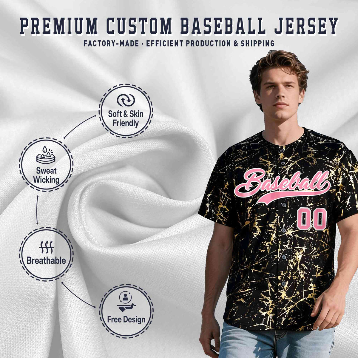 Custom Black Light Pink Metallic Gold Splatter Urban Streetwear Baseball Jersey