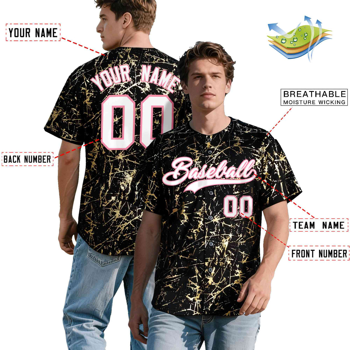 Custom Black White Black&Shiny Gold Cracked Foil Breathable Mesh Streetwear Baseball Jersey