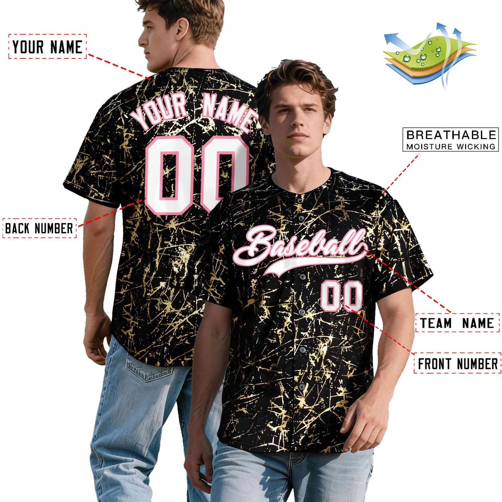 Custom Black White Black&Shiny Gold Cracked Foil Breathable Mesh Streetwear Baseball Jersey
