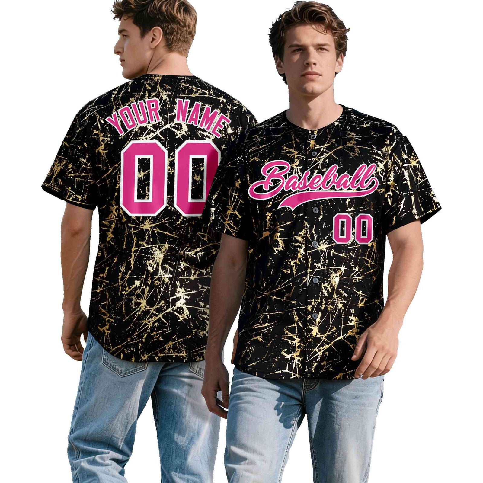 Custom Black Rose Red Shiny Gold Cracked Texture Baseball Jersey