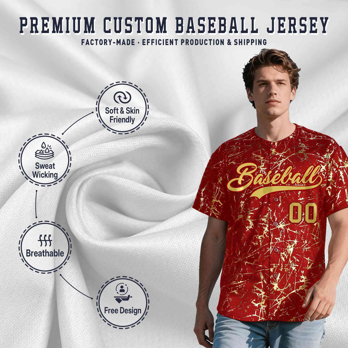 Custom Red Old Gold Black&Gold Marble Print Clubwear Party Streetwear Baseball Jersey