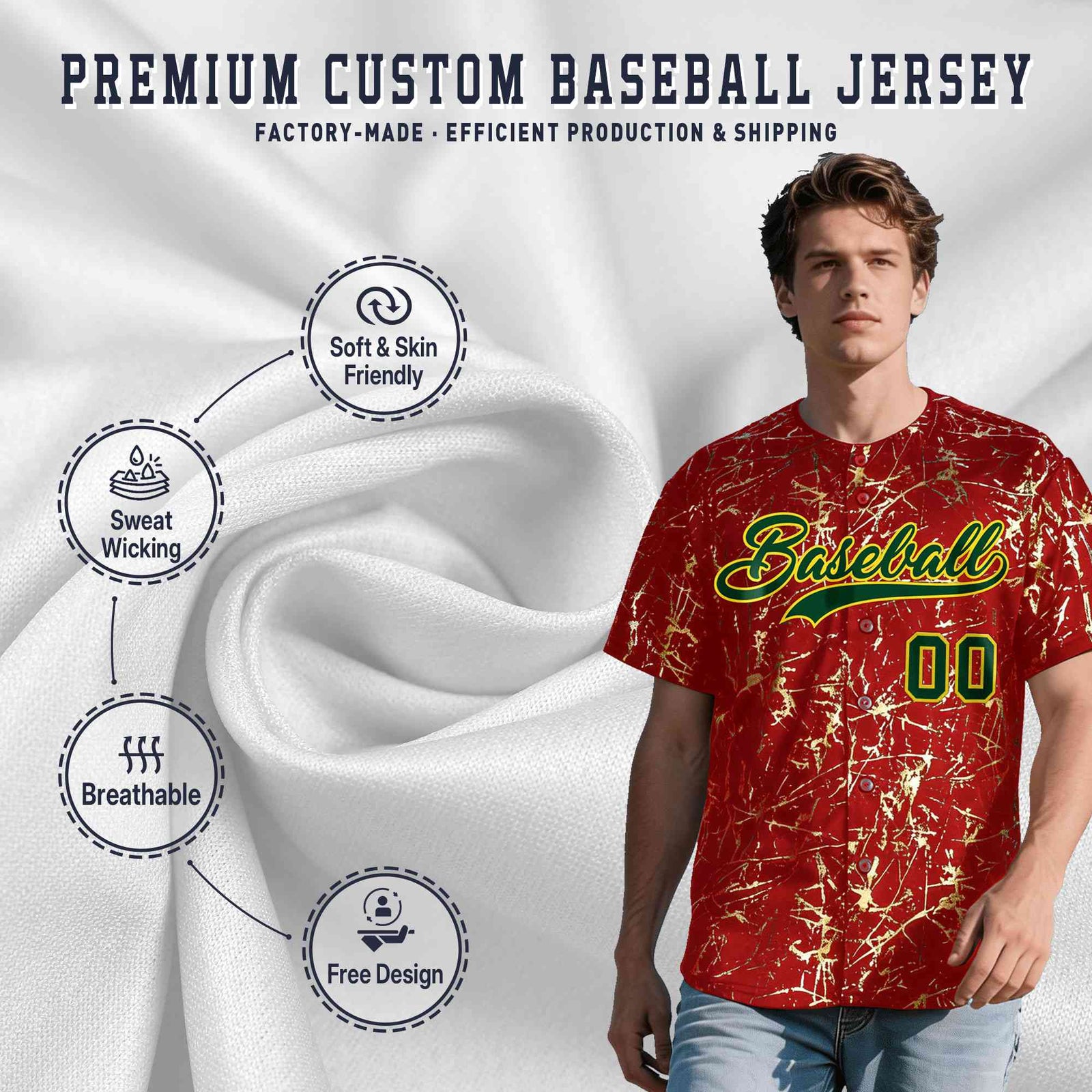 Custom Red Dark Green Metallic Gold Splatter Urban Streetwear Baseball Jersey