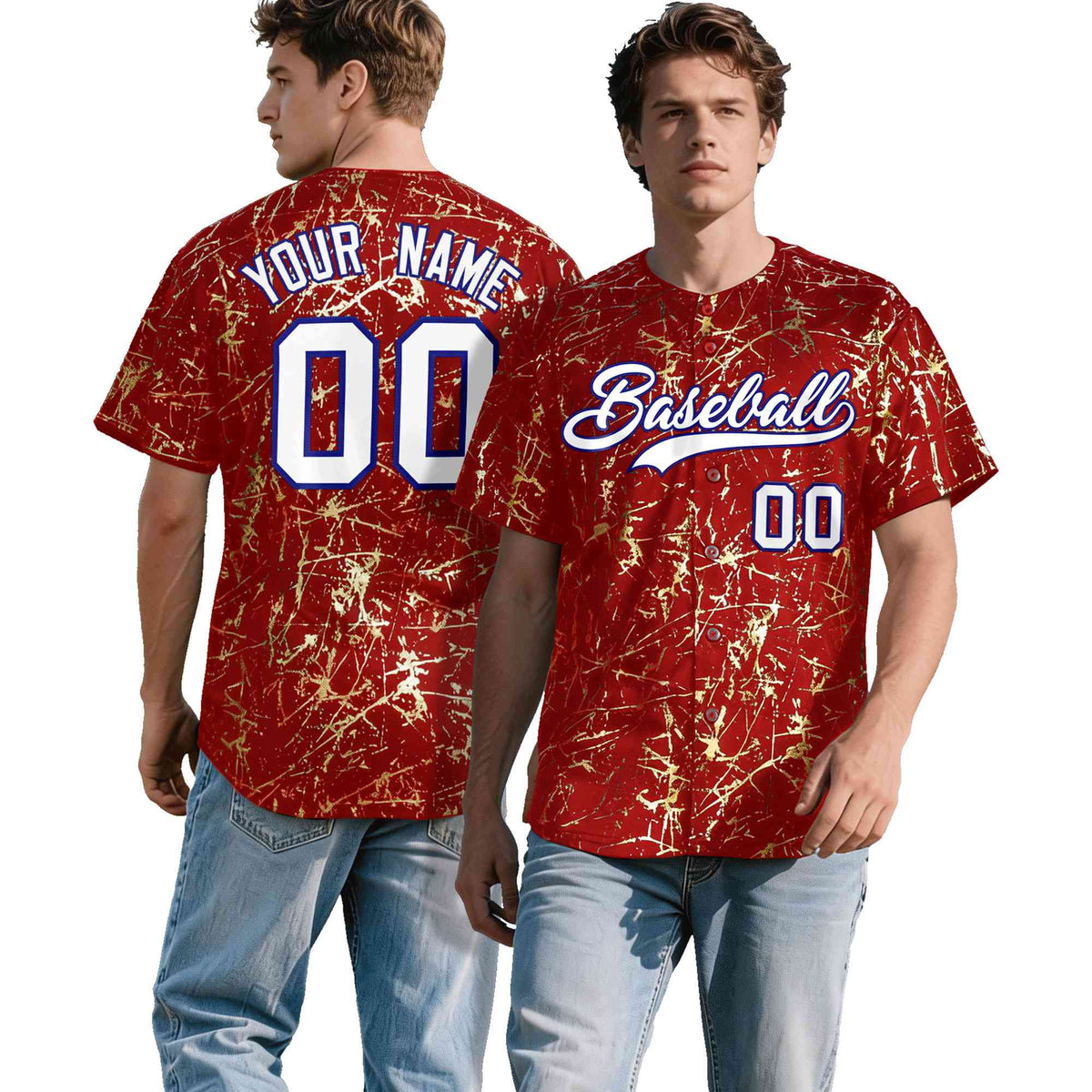 Custom Red White Black&Shiny Gold Cracked Foil Hip Hop Button Down Baseball Jersey
