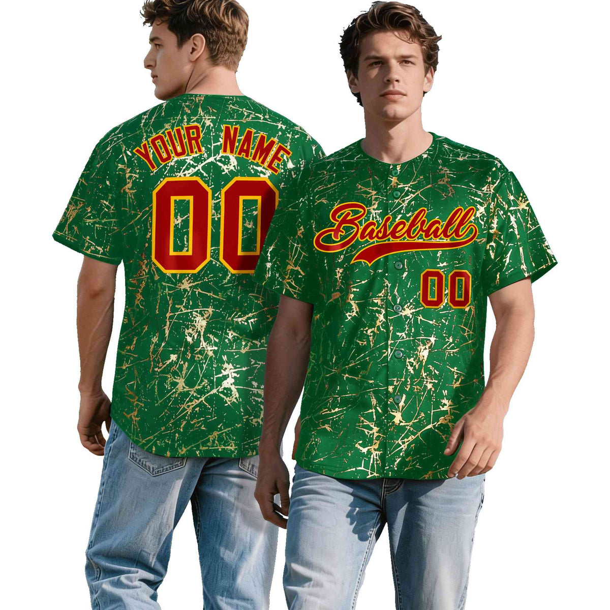Custom Kelly Green Red Metallic Gold Splatter Breathable&Wrinkle-Resistant Baseball Jersey