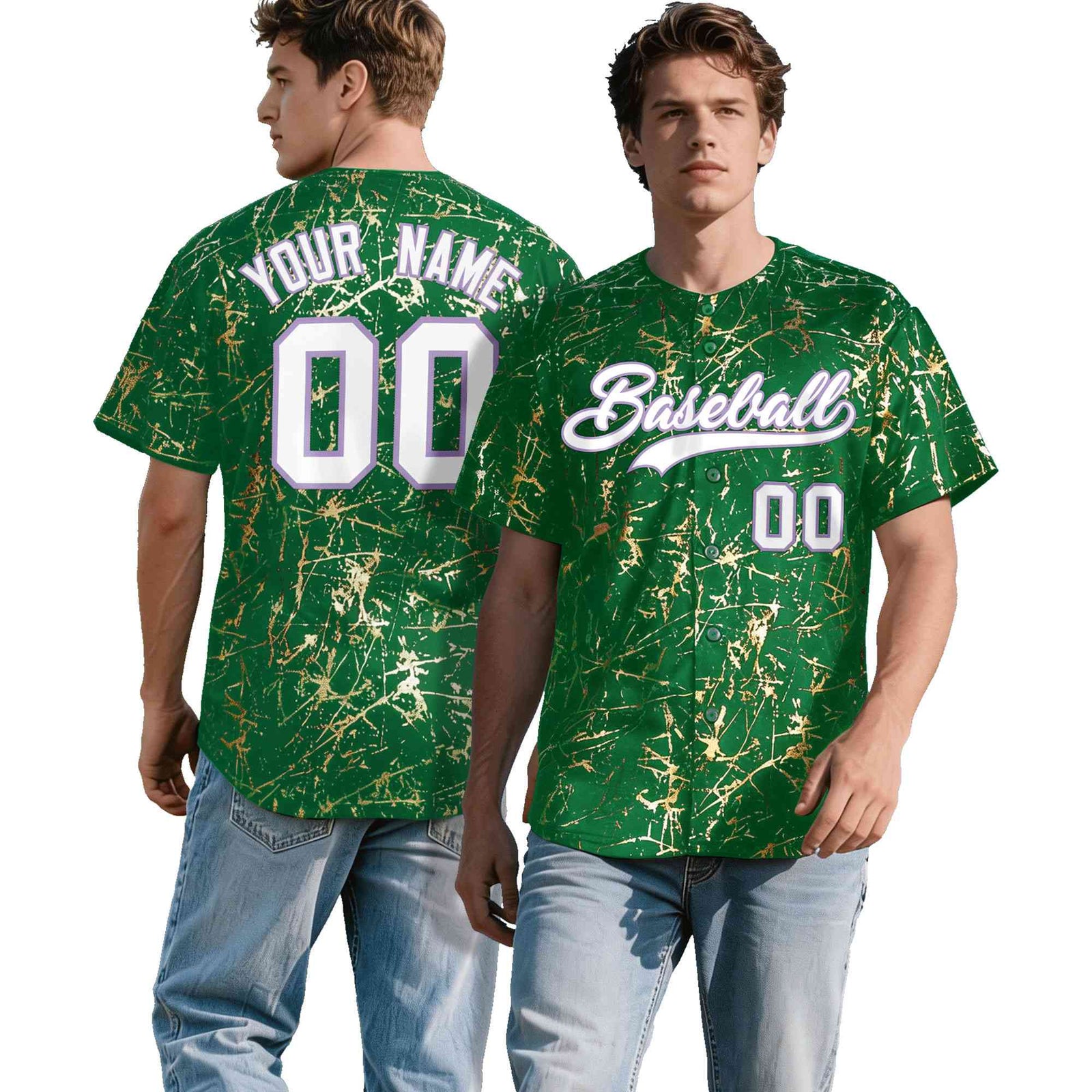 Custom Kelly Green White Black&Shiny Gold Cracked Foil Breathable Mesh Streetwear Baseball Jersey