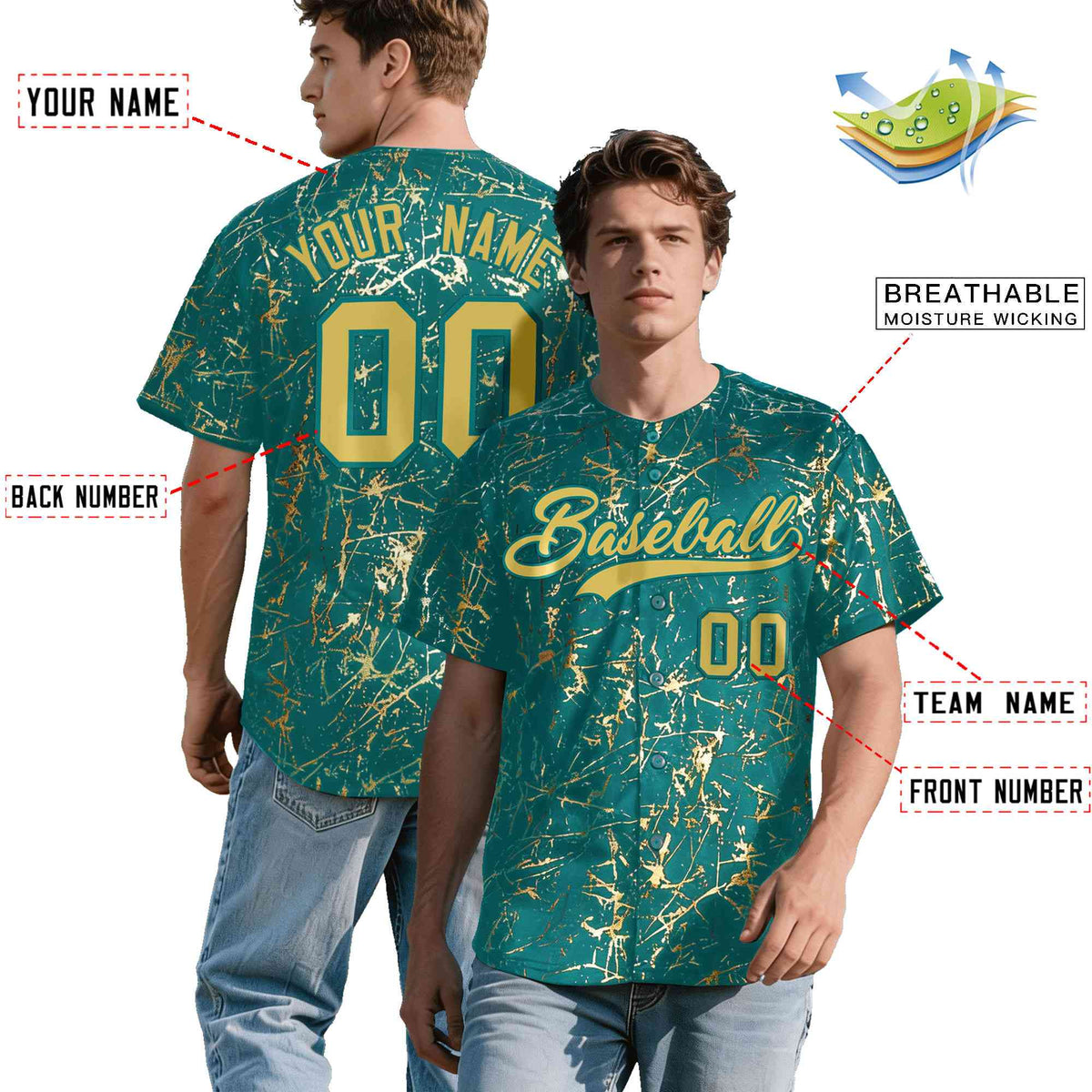 Custom Teal Old Gold Black&Shiny Gold Cracked Foil Hip Hop Button Down Baseball Jersey