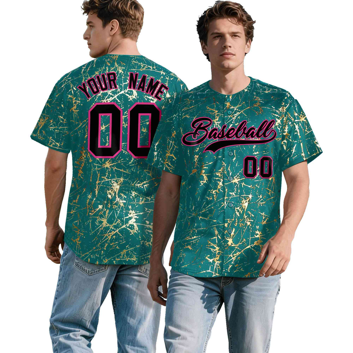 Custom Teal Black Metallic Gold Splatter Breathable&Wrinkle-Resistant Baseball Jersey