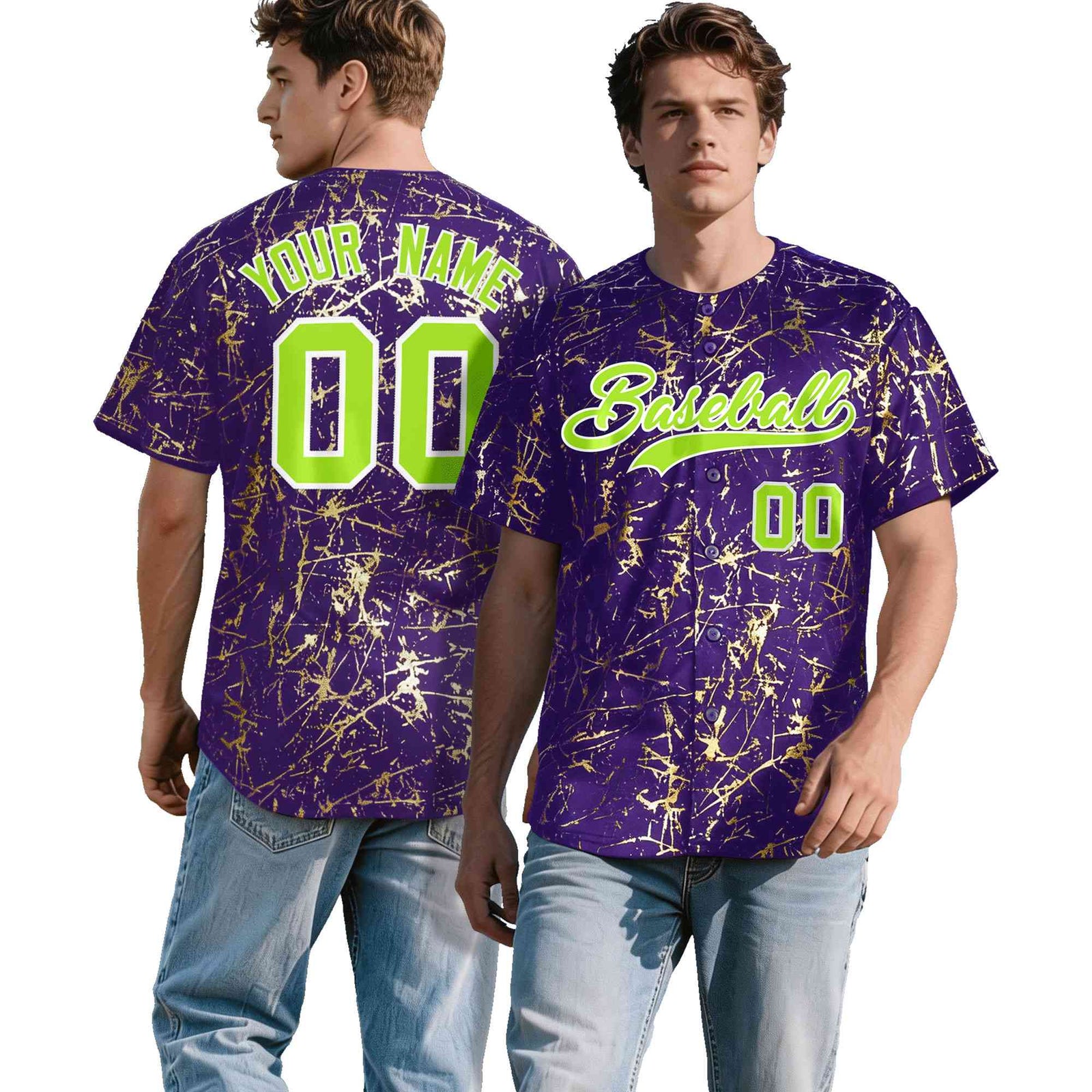 Custom Purple Neon Green Metallic Gold Splatter Urban Streetwear Baseball Jersey
