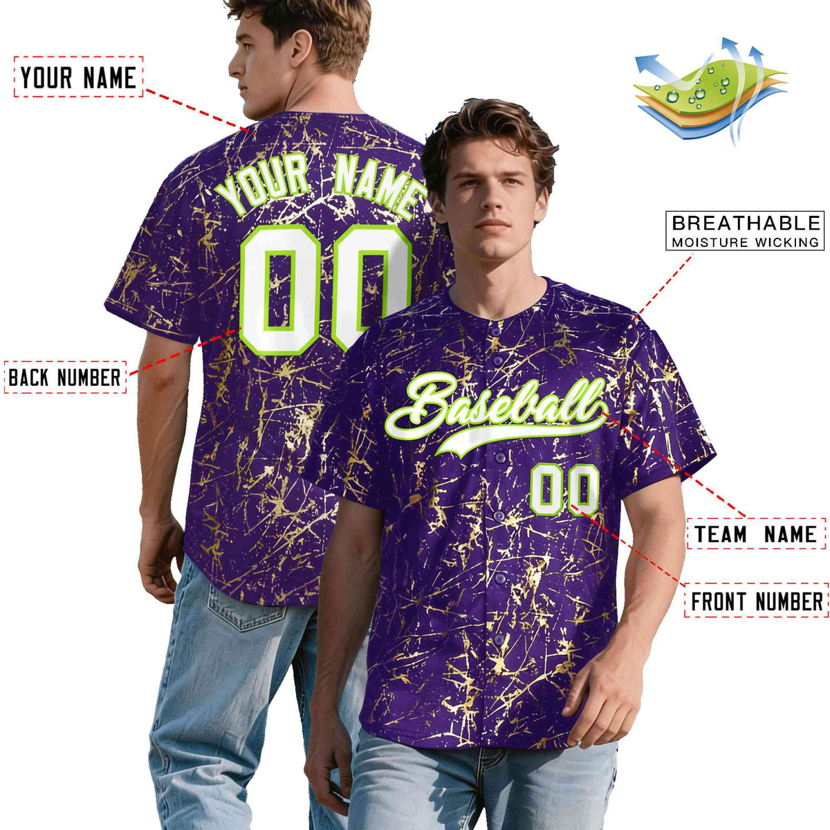 Custom Purple White Black&Shiny Gold Cracked Foil Breathable Mesh Streetwear Baseball Jersey