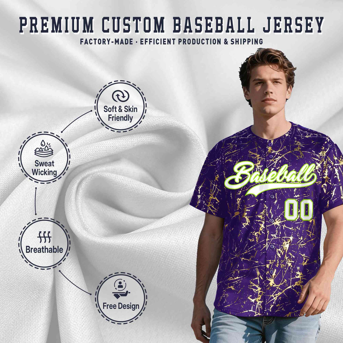 Custom Purple White Black&Shiny Gold Cracked Foil Breathable Mesh Streetwear Baseball Jersey