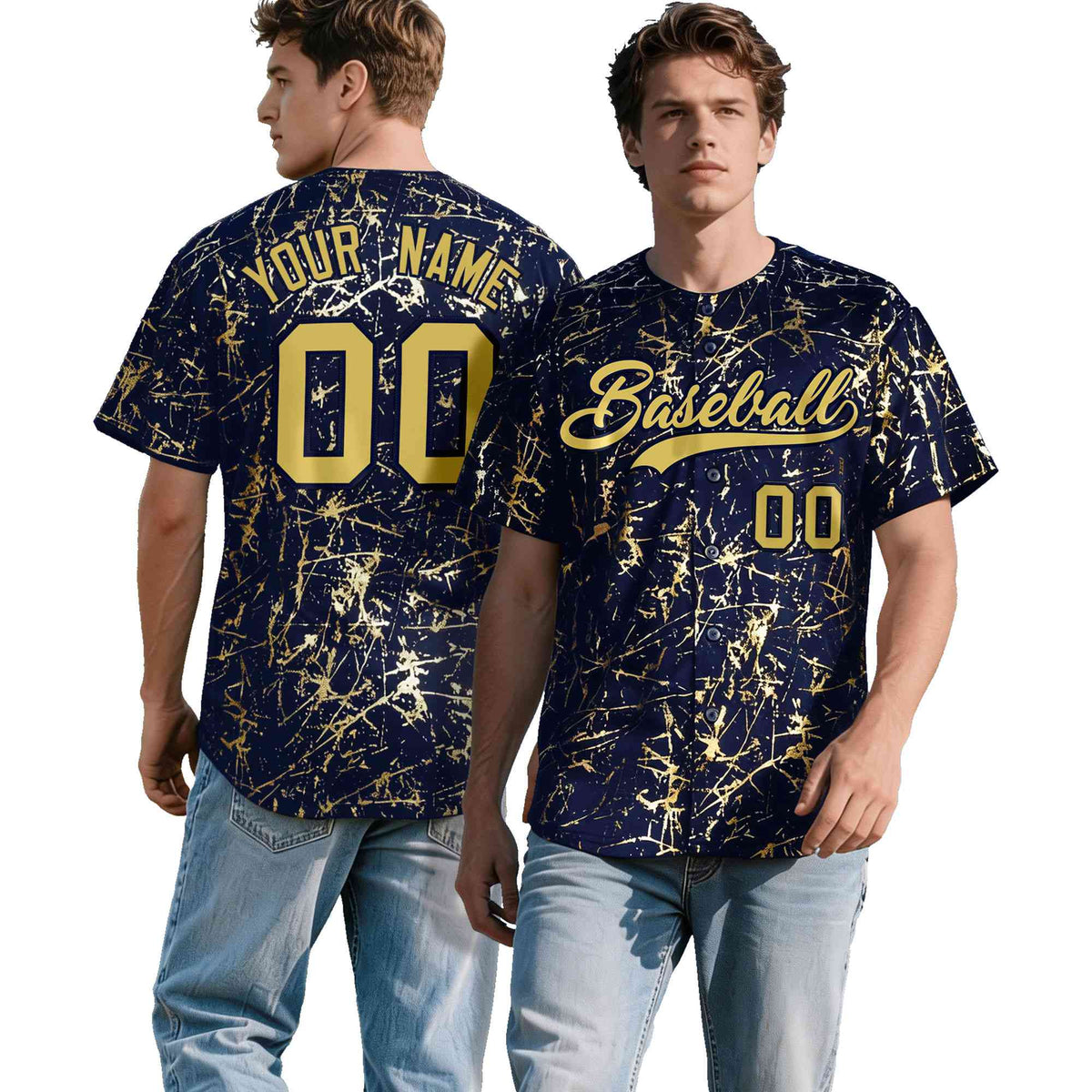 Custom Navy Old Gold Black&Shiny Gold Cracked Foil Hip Hop Button Down Baseball Jersey