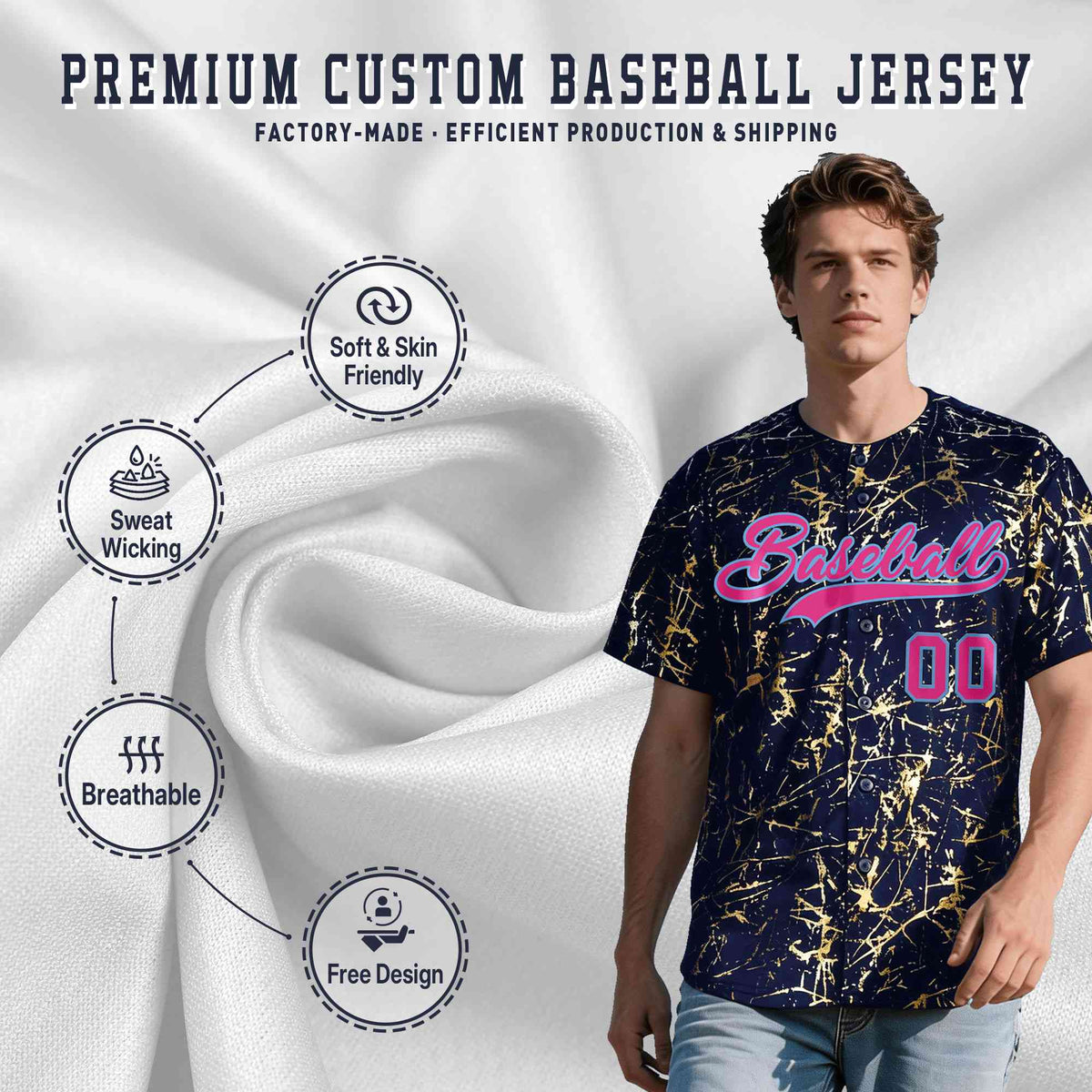 Custom Navy Rose Red Metallic Gold Splatter Breathable&Wrinkle-Resistant Baseball Jersey