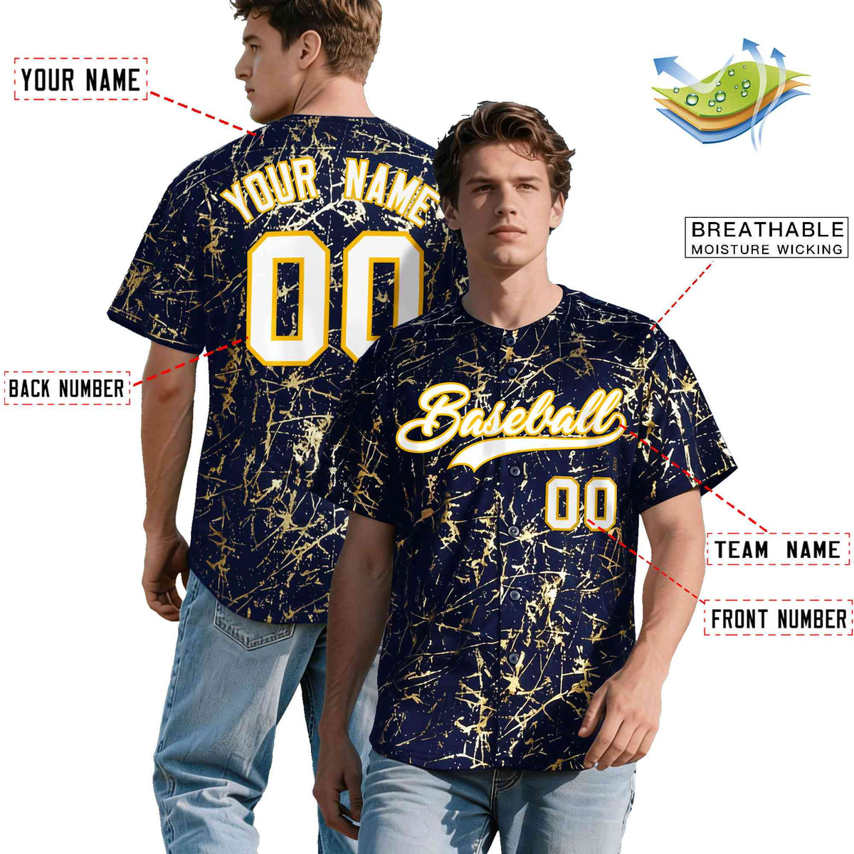 Custom Navy White Black&Shiny Gold Cracked Foil Breathable Mesh Streetwear Baseball Jersey